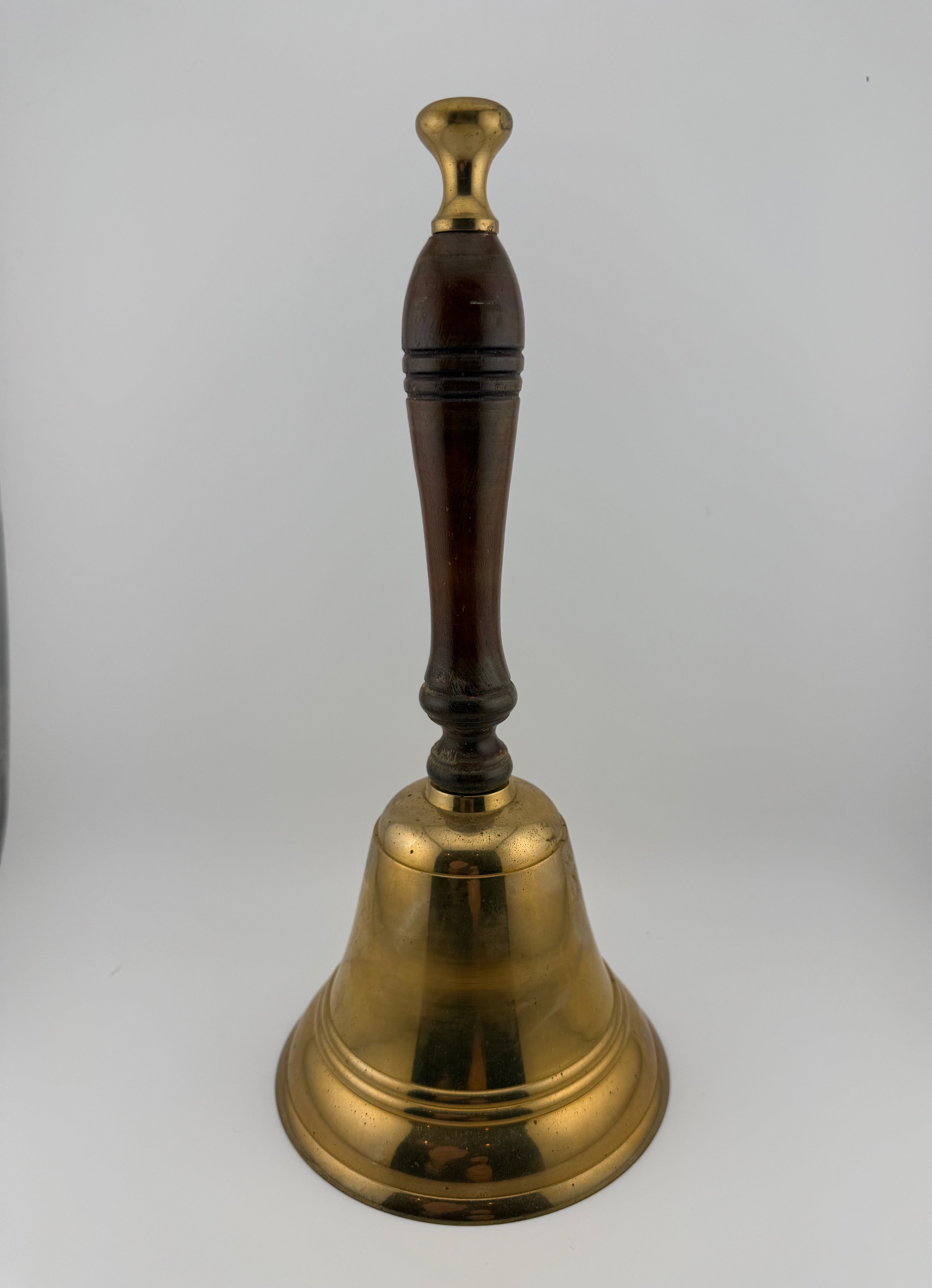 Vintage Brass School Bell with Turned Wood Handle – 10.5" Tall