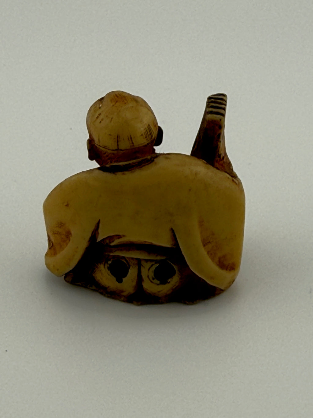 Antique Japanese Netsuke - Crouching Man with Rake, Bone or Ivory Substitute, Unsigned, 1.5"