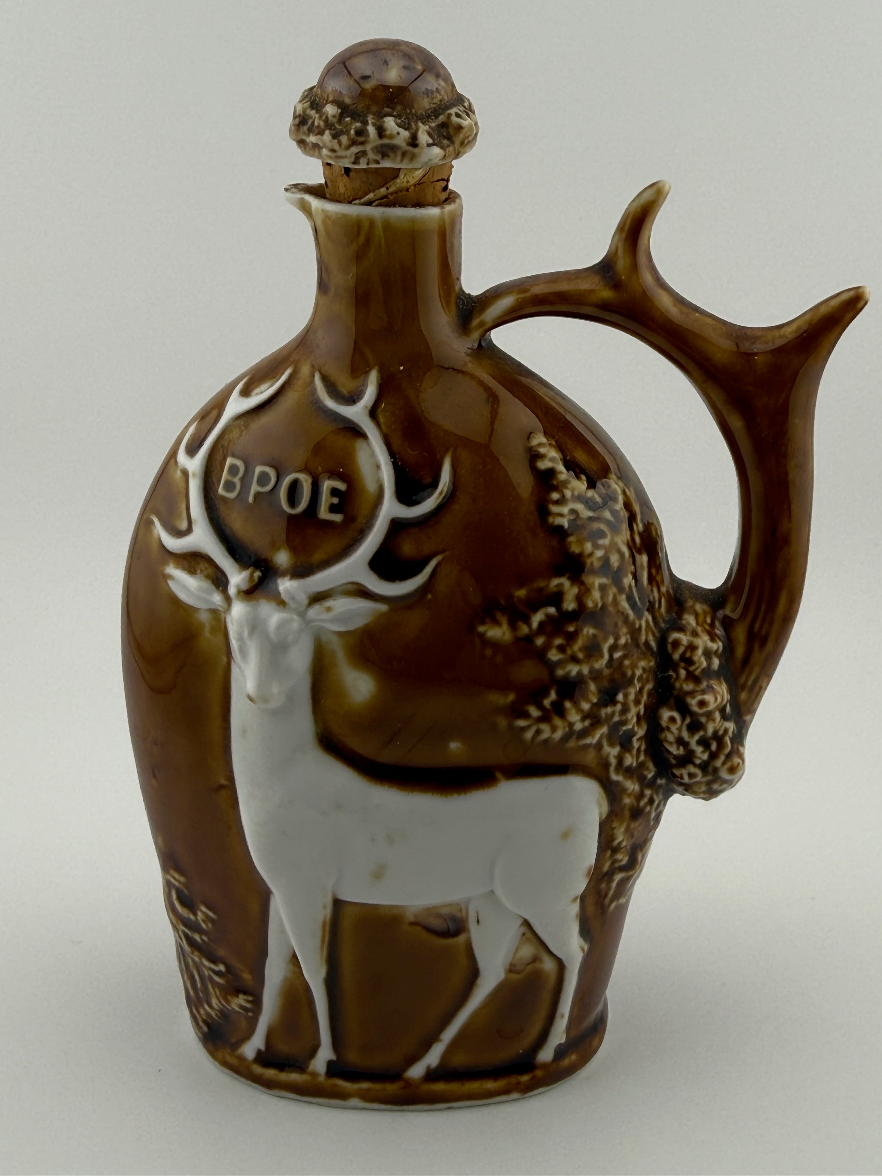 Antique BPOE Elks Lodge Ceramic Whiskey Jug Decanter with Antler Handle and Acorn Stopper - 6" Fraternal Collectible