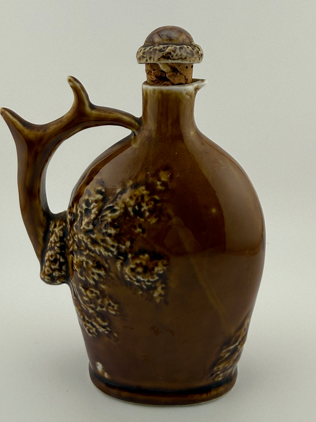 Antique BPOE Elks Lodge Ceramic Whiskey Jug Decanter with Antler Handle and Acorn Stopper - 6" Fraternal Collectible