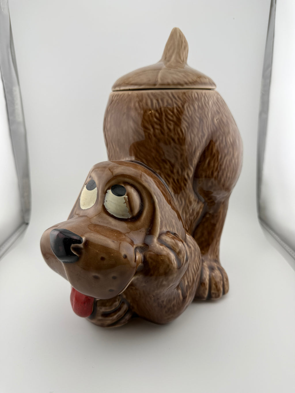Vintage McCoy Pottery Playful Dog Cookie Jar - Crouching Hound with Googly Eyes