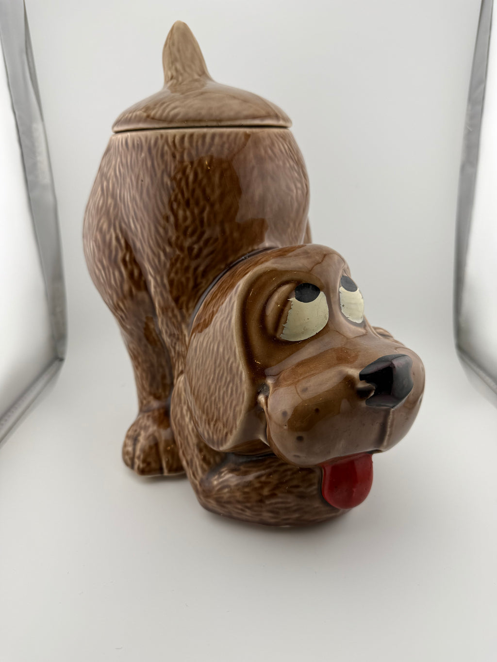 Vintage McCoy Pottery Playful Dog Cookie Jar - Crouching Hound with Googly Eyes