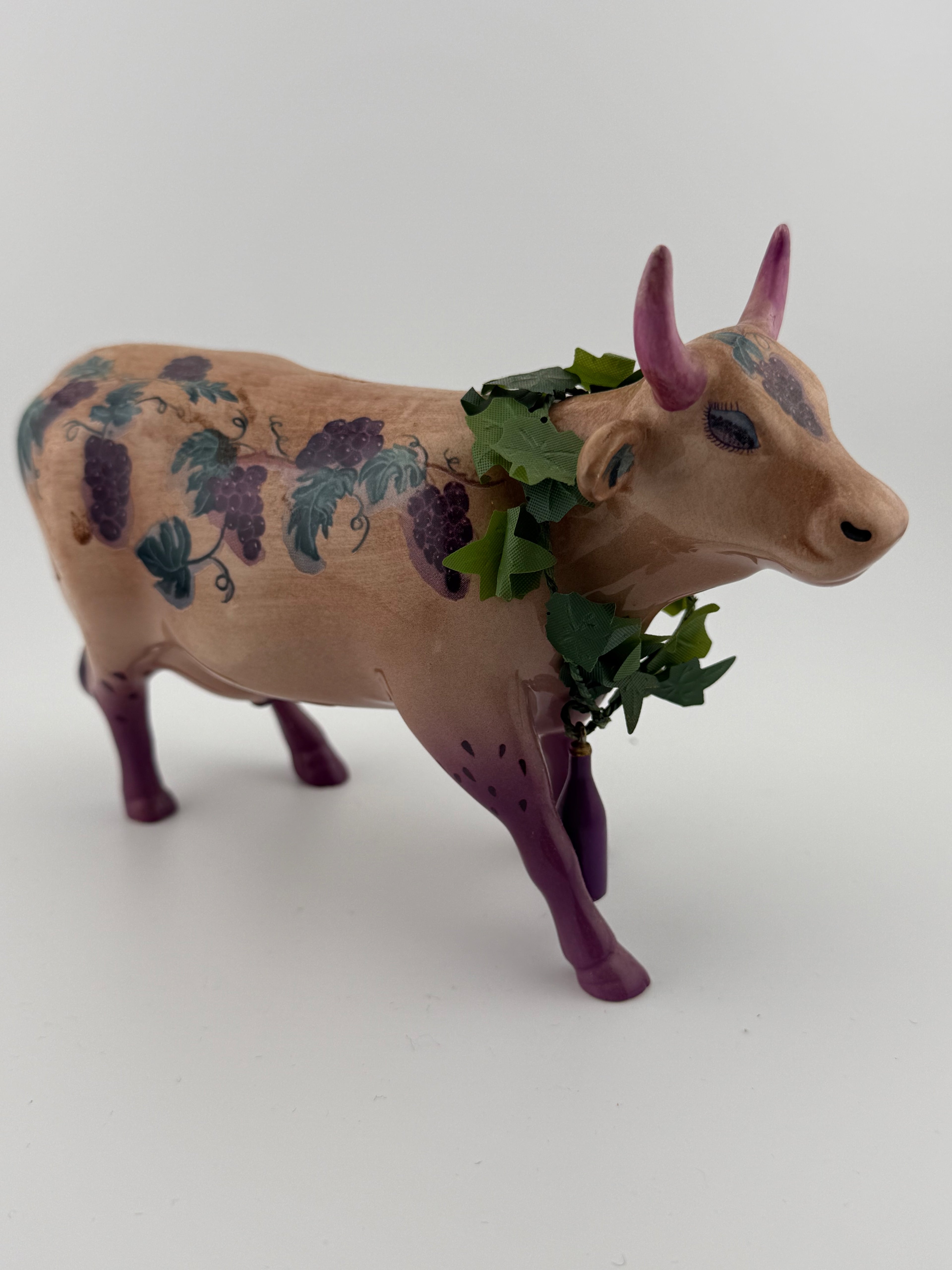 CowParade "Fine Wine Bovine" #7324 Collectible Cow Figurine - 7" Grape Vine Design with Wine Bottle Charm