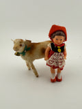Vintage German Bavarian Girl Doll & Flocked Cow Set - West Germany Handwork, East Germany Doll, Alpine Souvenir