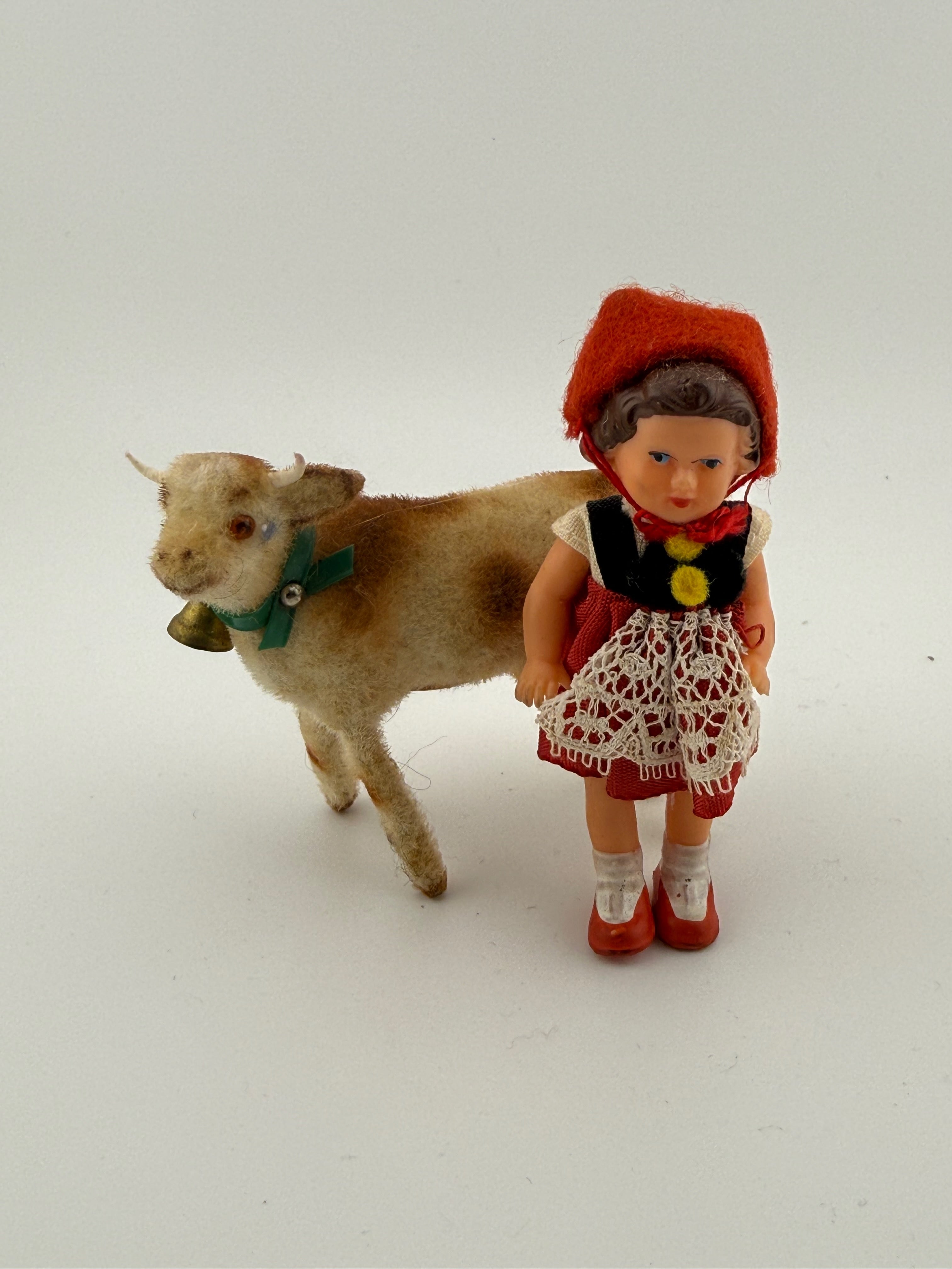 Vintage German Bavarian Girl Doll & Flocked Cow Set - West Germany Handwork, East Germany Doll, Alpine Souvenir