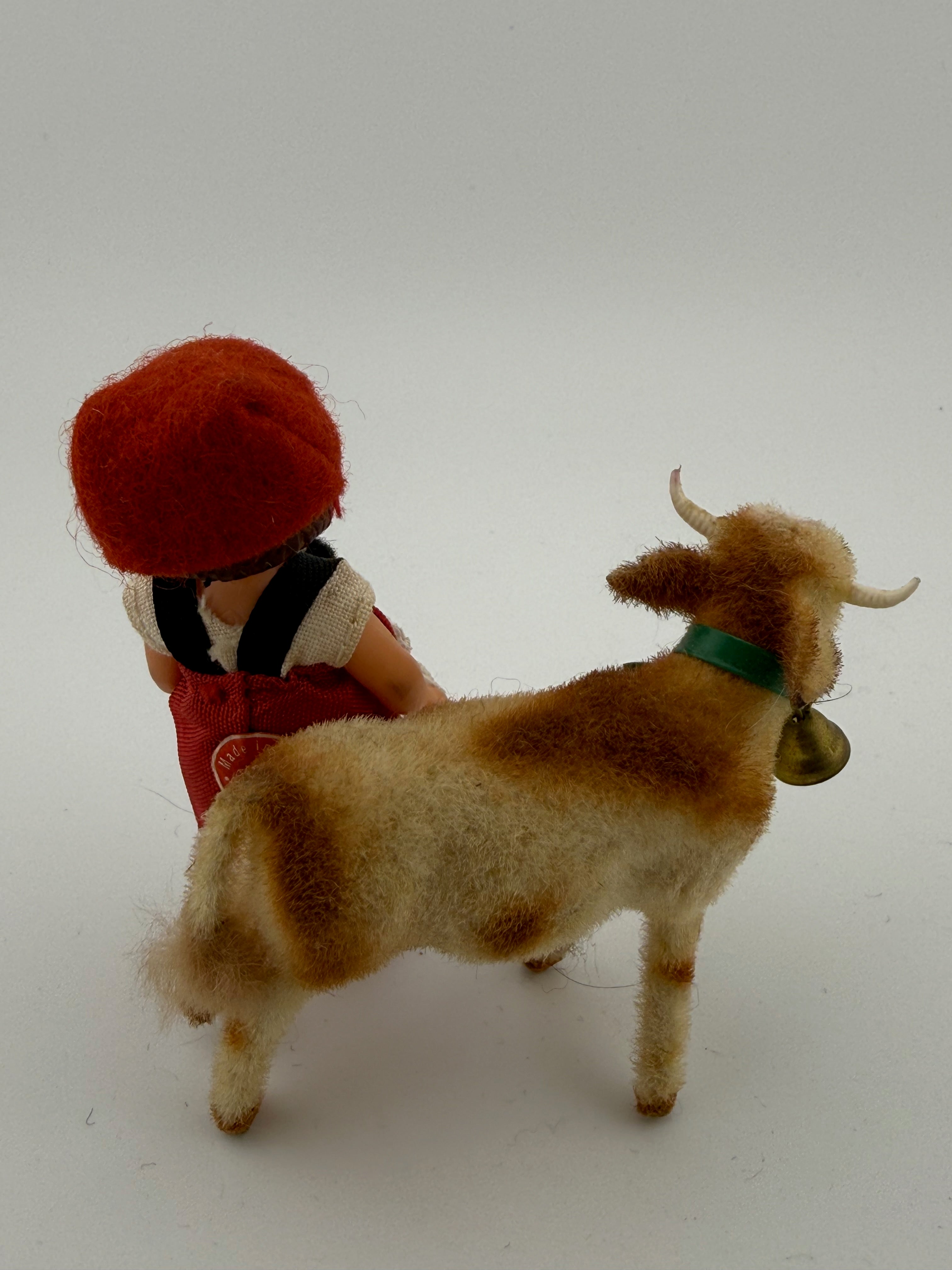 Vintage German Bavarian Girl Doll & Flocked Cow Set - West Germany Handwork, East Germany Doll, Alpine Souvenir