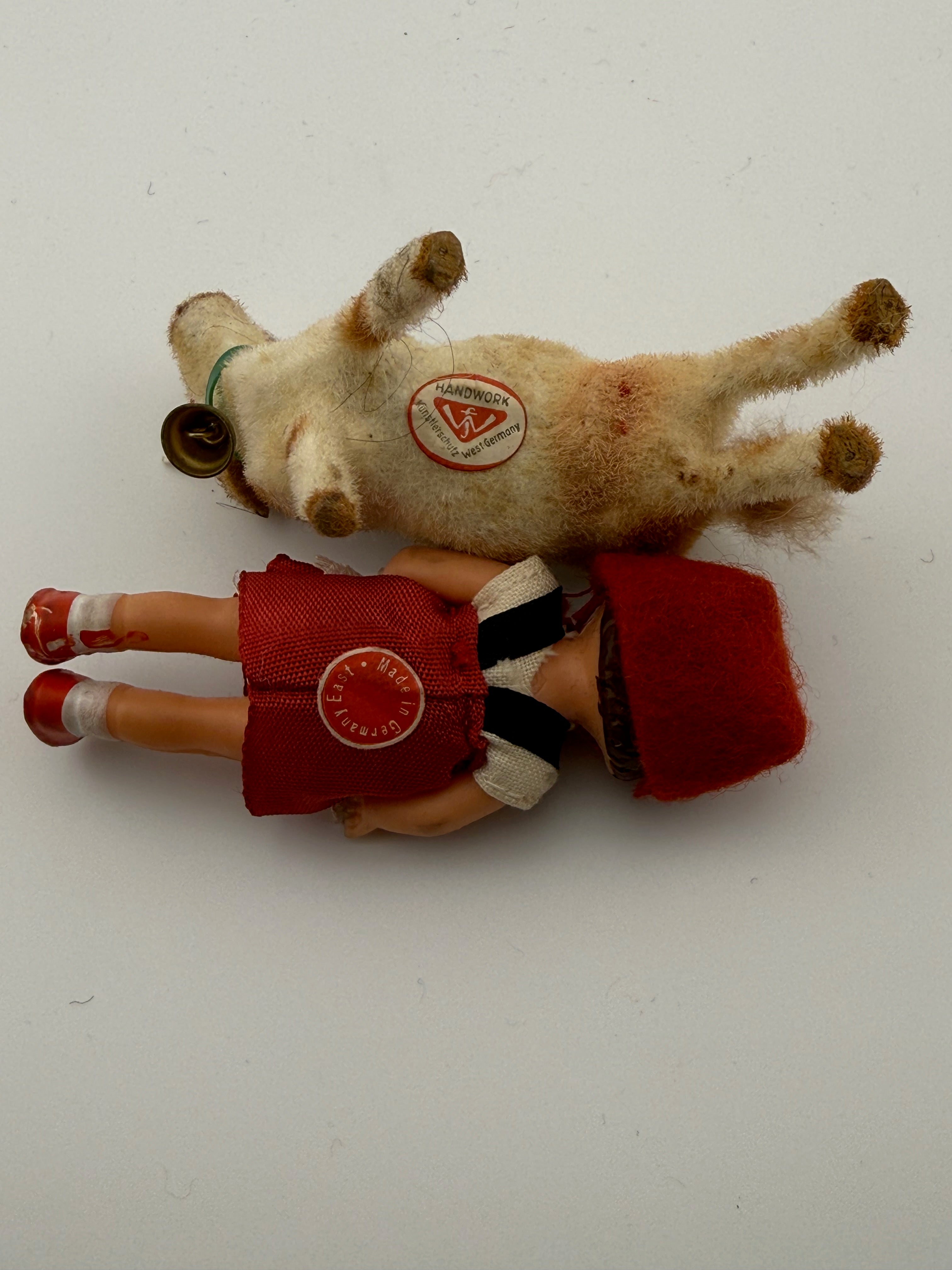 Vintage German Bavarian Girl Doll & Flocked Cow Set - West Germany Handwork, East Germany Doll, Alpine Souvenir