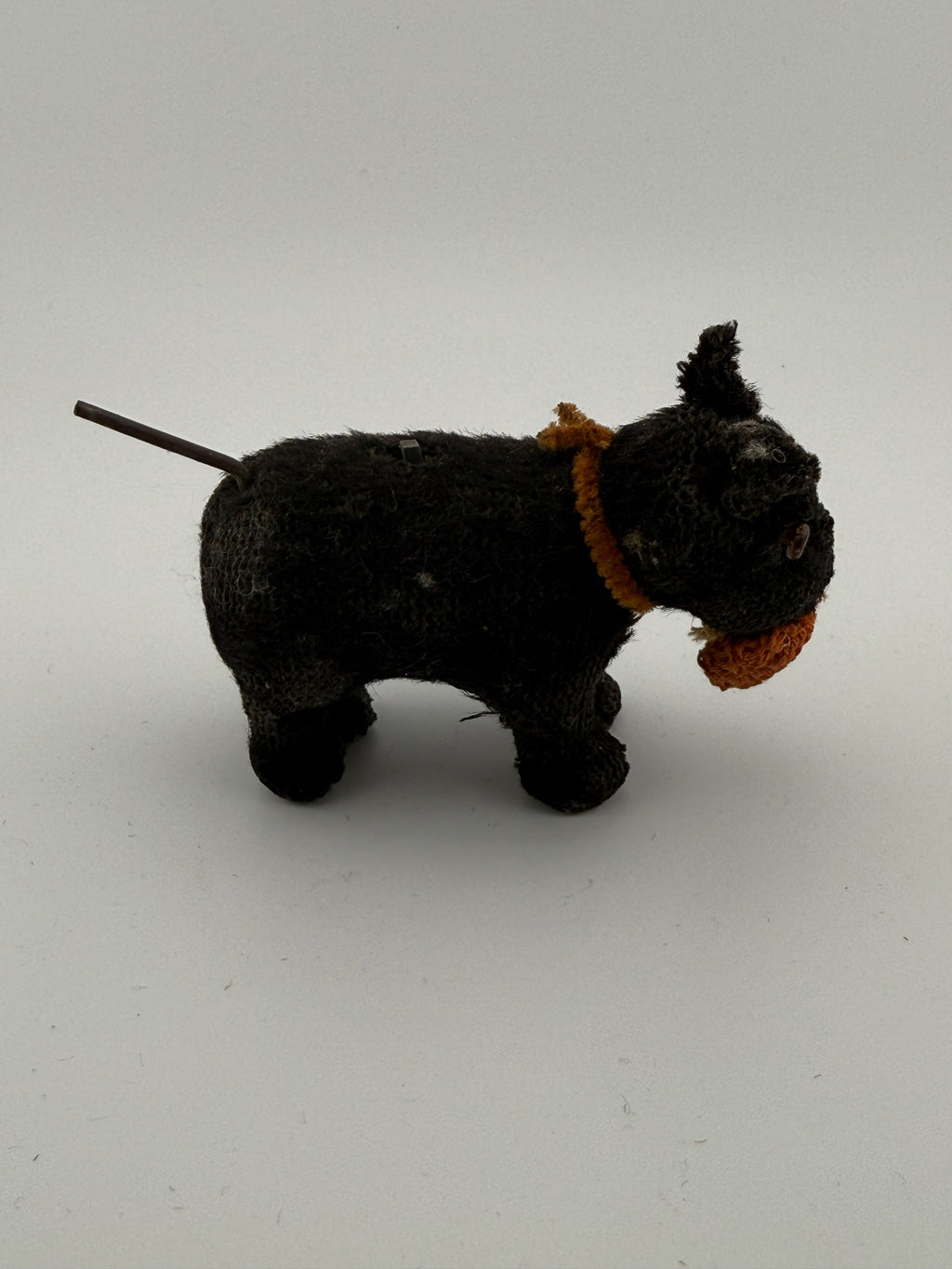 Vintage Japanese "Oh U" Wind-Up Flocked Scottie Dog - Black Mohair, Glass Eyes, 3.5" Mid-Century Toy