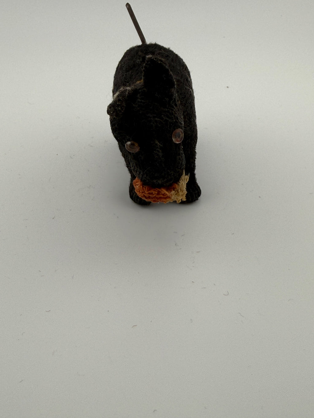 Vintage Japanese "Oh U" Wind-Up Flocked Scottie Dog - Black Mohair, Glass Eyes, 3.5" Mid-Century Toy