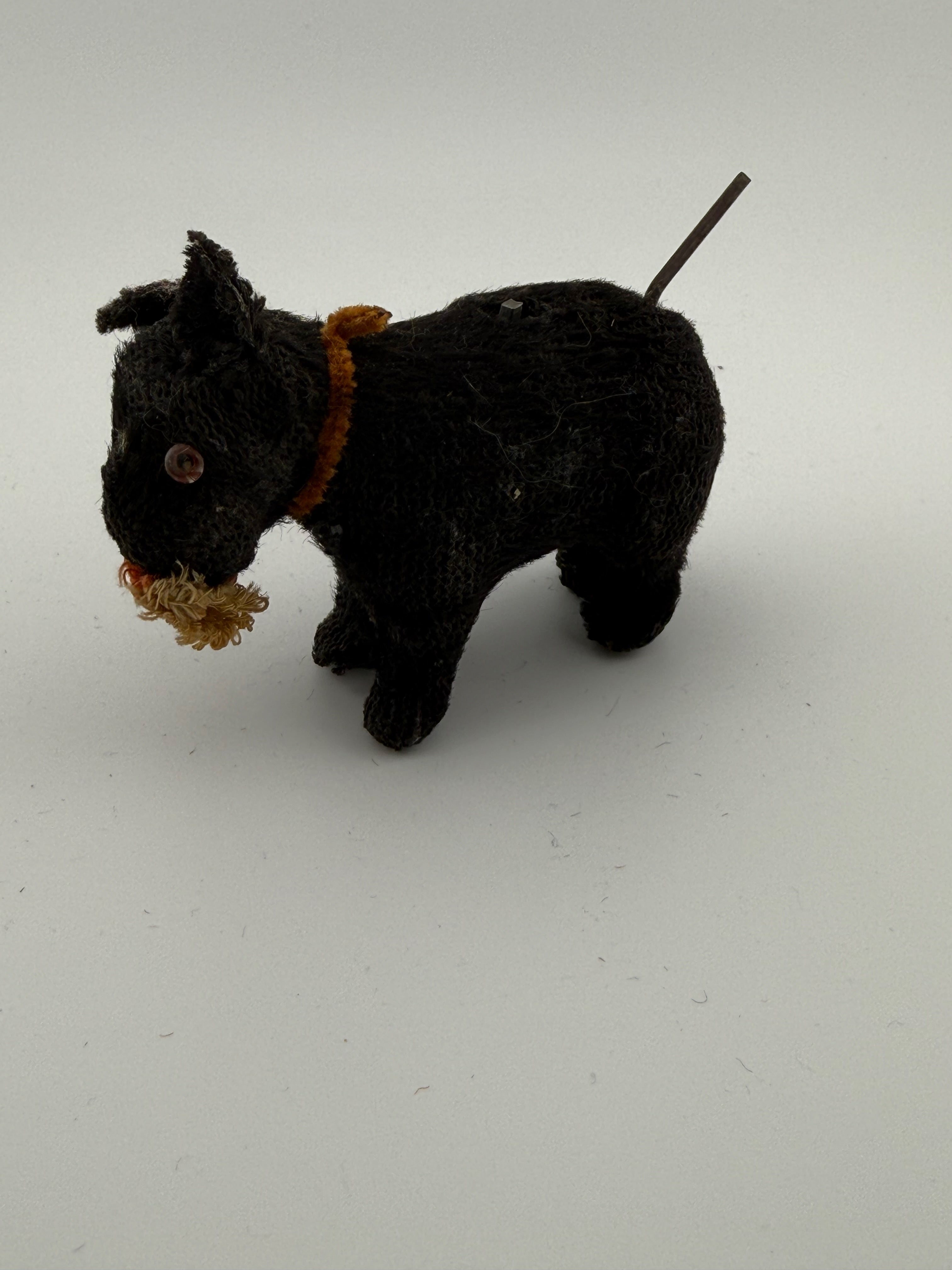 Vintage Japanese "Oh U" Wind-Up Flocked Scottie Dog - Black Mohair, Glass Eyes, 3.5" Mid-Century Toy