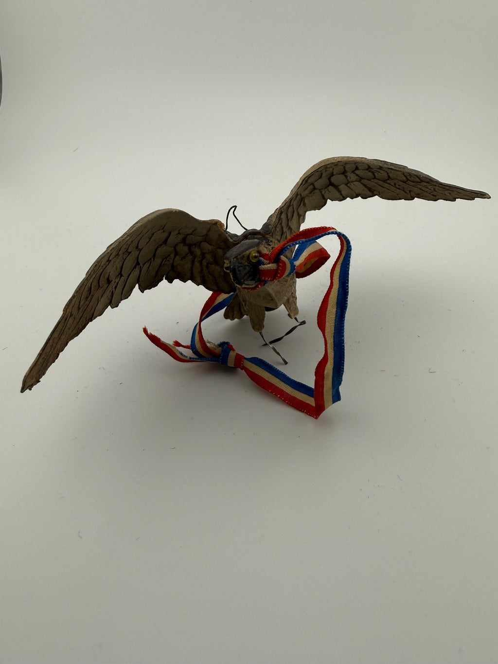 Antique German Paper Mache Eagle Ornament with Patriotic Red White and Blue Ribbon - 6" Wingspan
