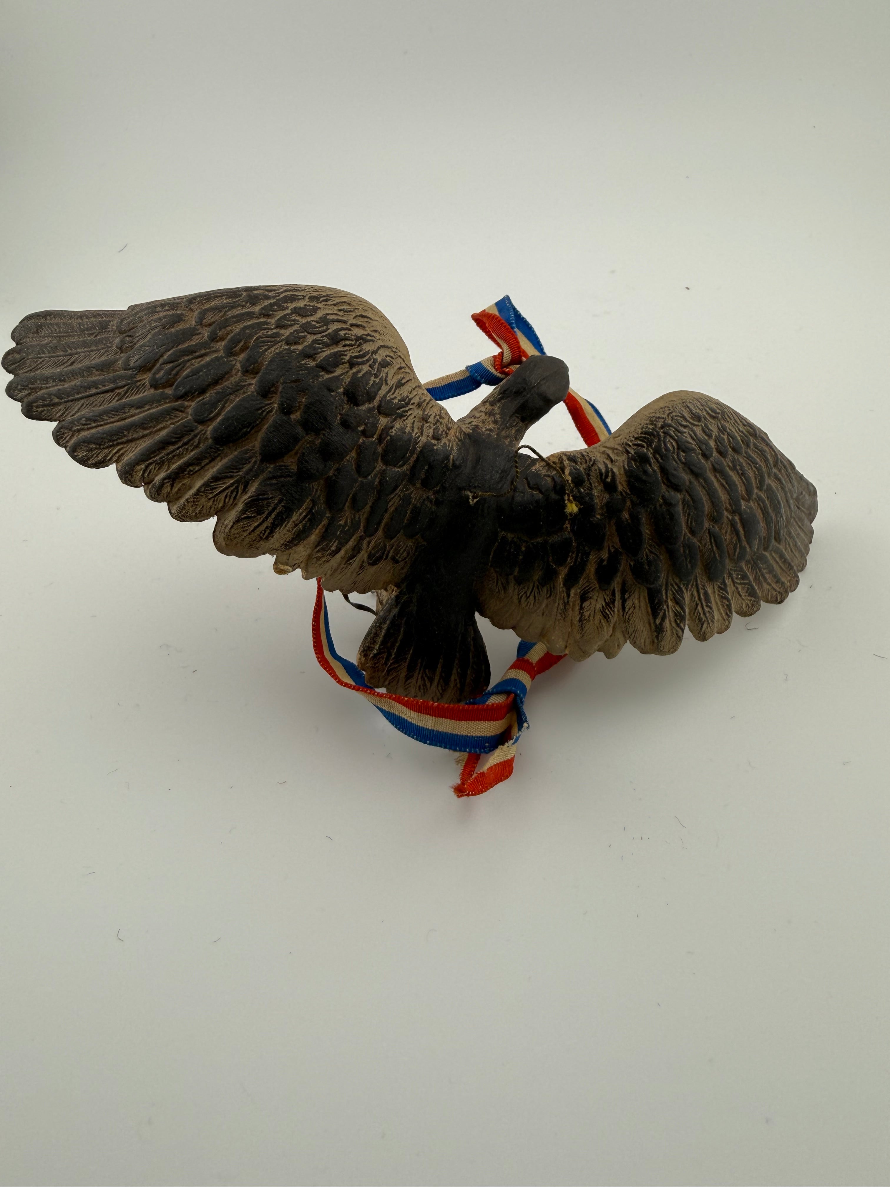 Antique German Paper Mache Eagle Ornament with Patriotic Red White and Blue Ribbon - 6" Wingspan
