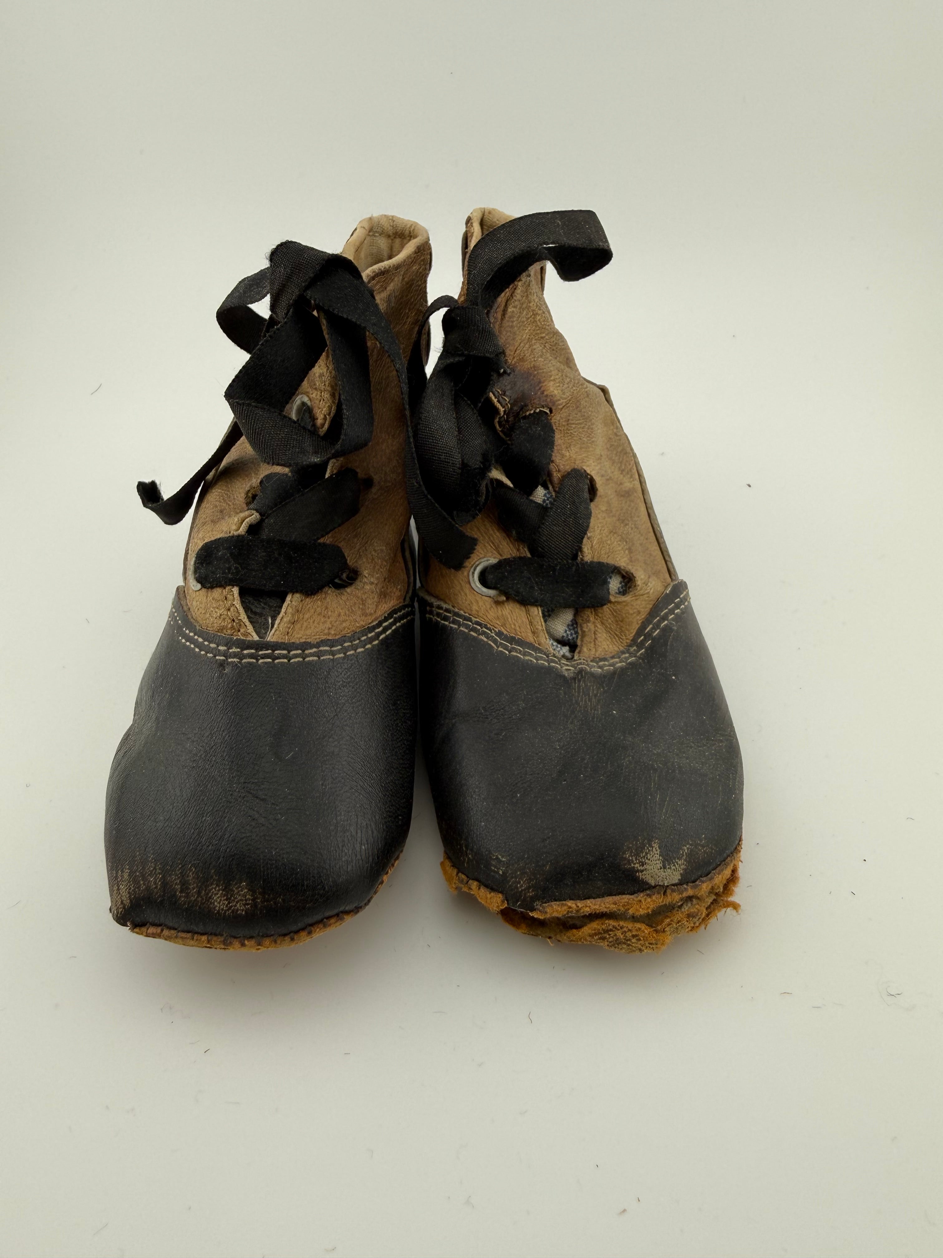 Antique Victorian Baby Shoes - Black Leather Toe Cap with Embossed Tan Uppers and Original Ribbon Laces