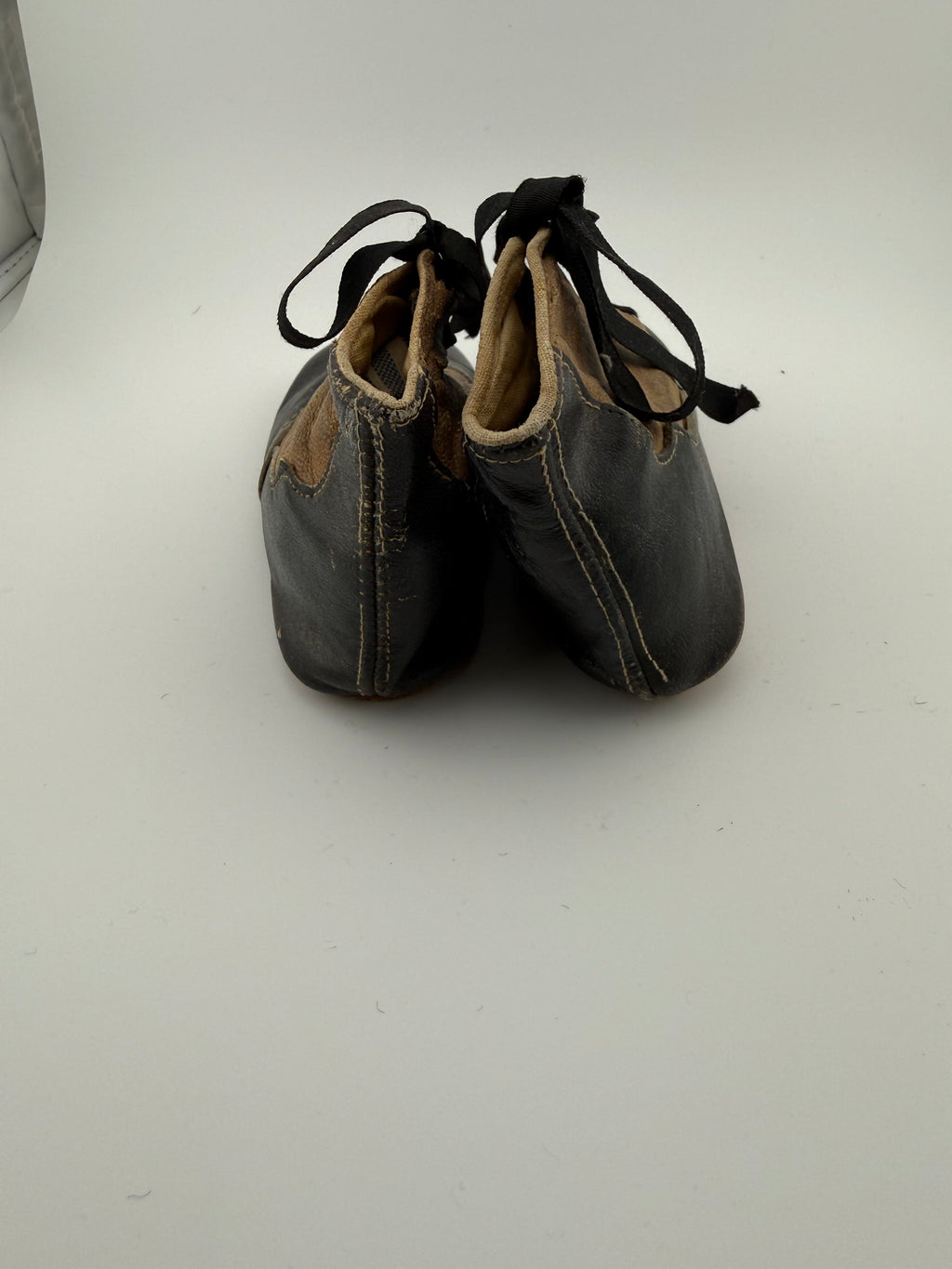 Antique Victorian Baby Shoes - Black Leather Toe Cap with Embossed Tan Uppers and Original Ribbon Laces