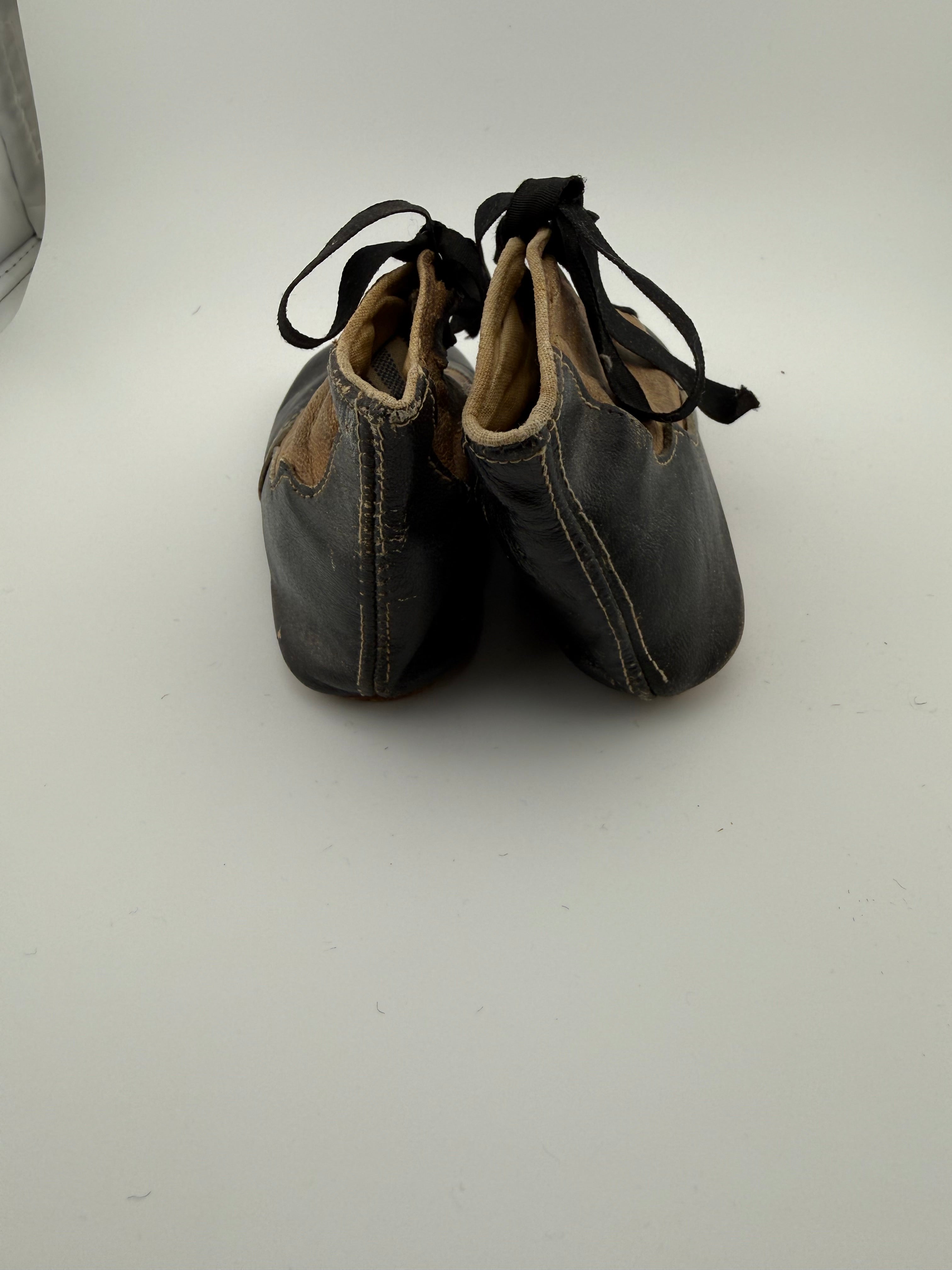 Antique Victorian Baby Shoes - Black Leather Toe Cap with Embossed Tan Uppers and Original Ribbon Laces