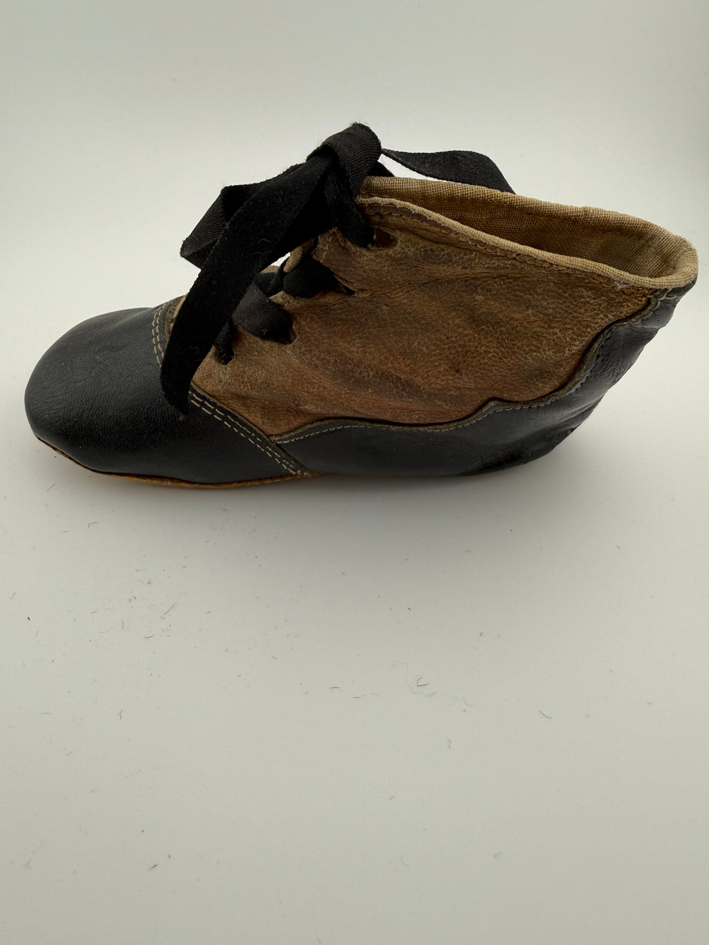 Antique Victorian Baby Shoes - Black Leather Toe Cap with Embossed Tan Uppers and Original Ribbon Laces