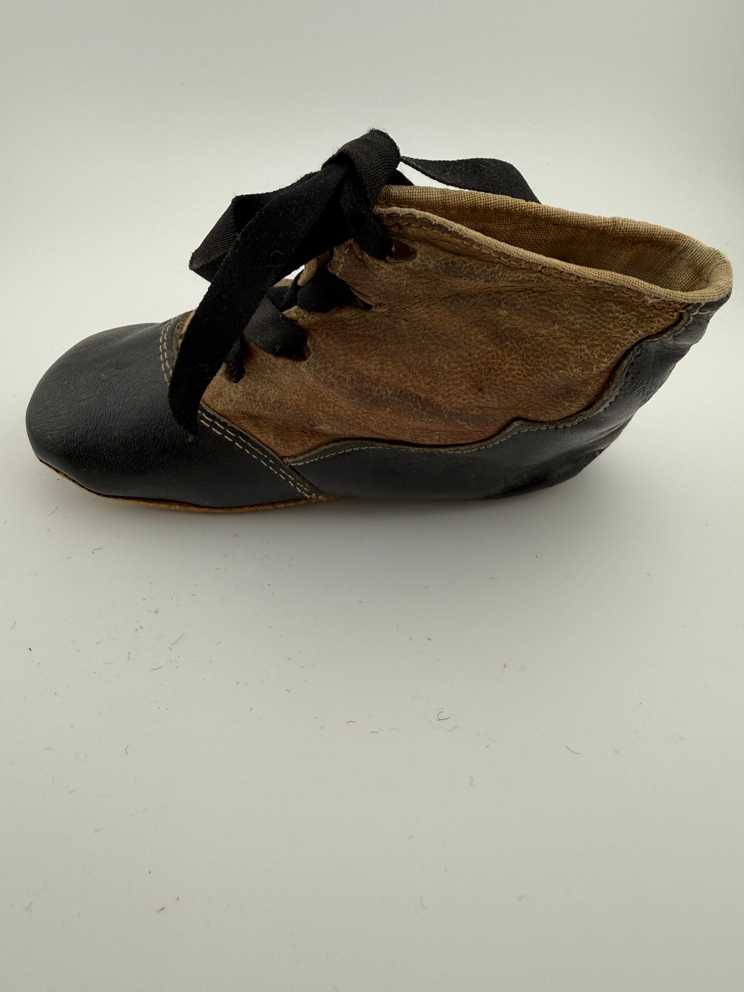 Antique Victorian Baby Shoes - Black Leather Toe Cap with Embossed Tan Uppers and Original Ribbon Laces