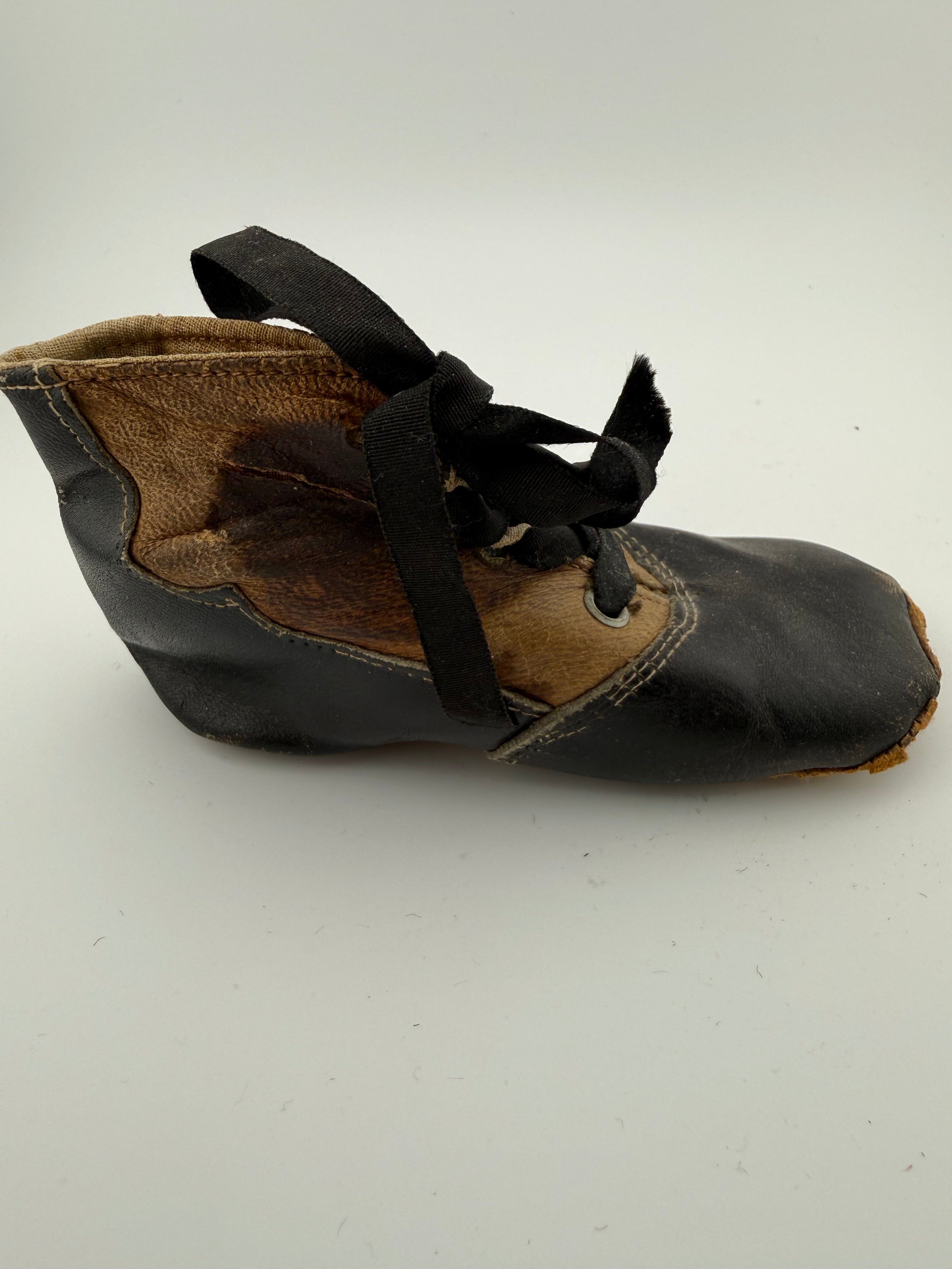 Antique Victorian Baby Shoes - Black Leather Toe Cap with Embossed Tan Uppers and Original Ribbon Laces