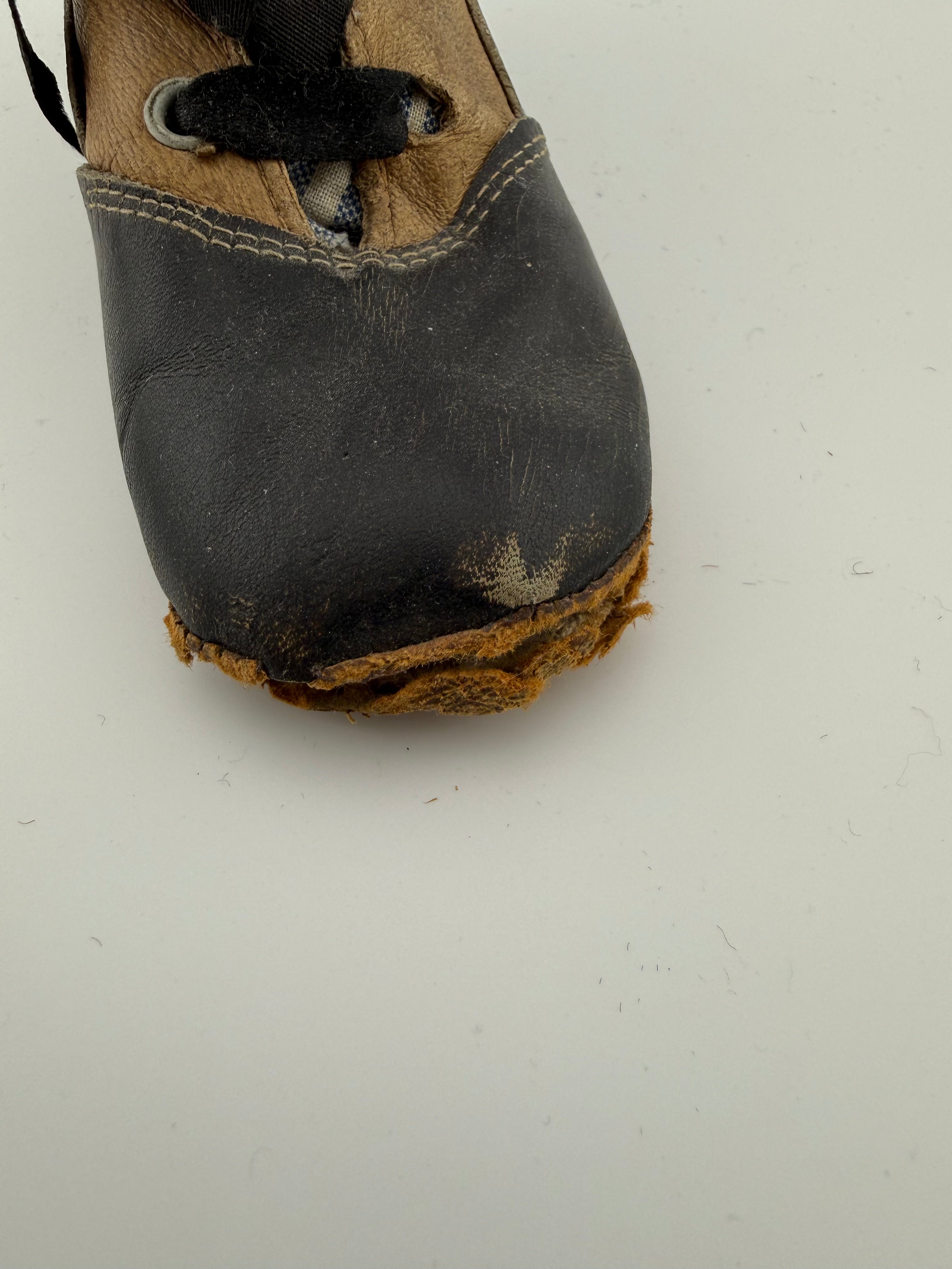 Antique Victorian Baby Shoes - Black Leather Toe Cap with Embossed Tan Uppers and Original Ribbon Laces