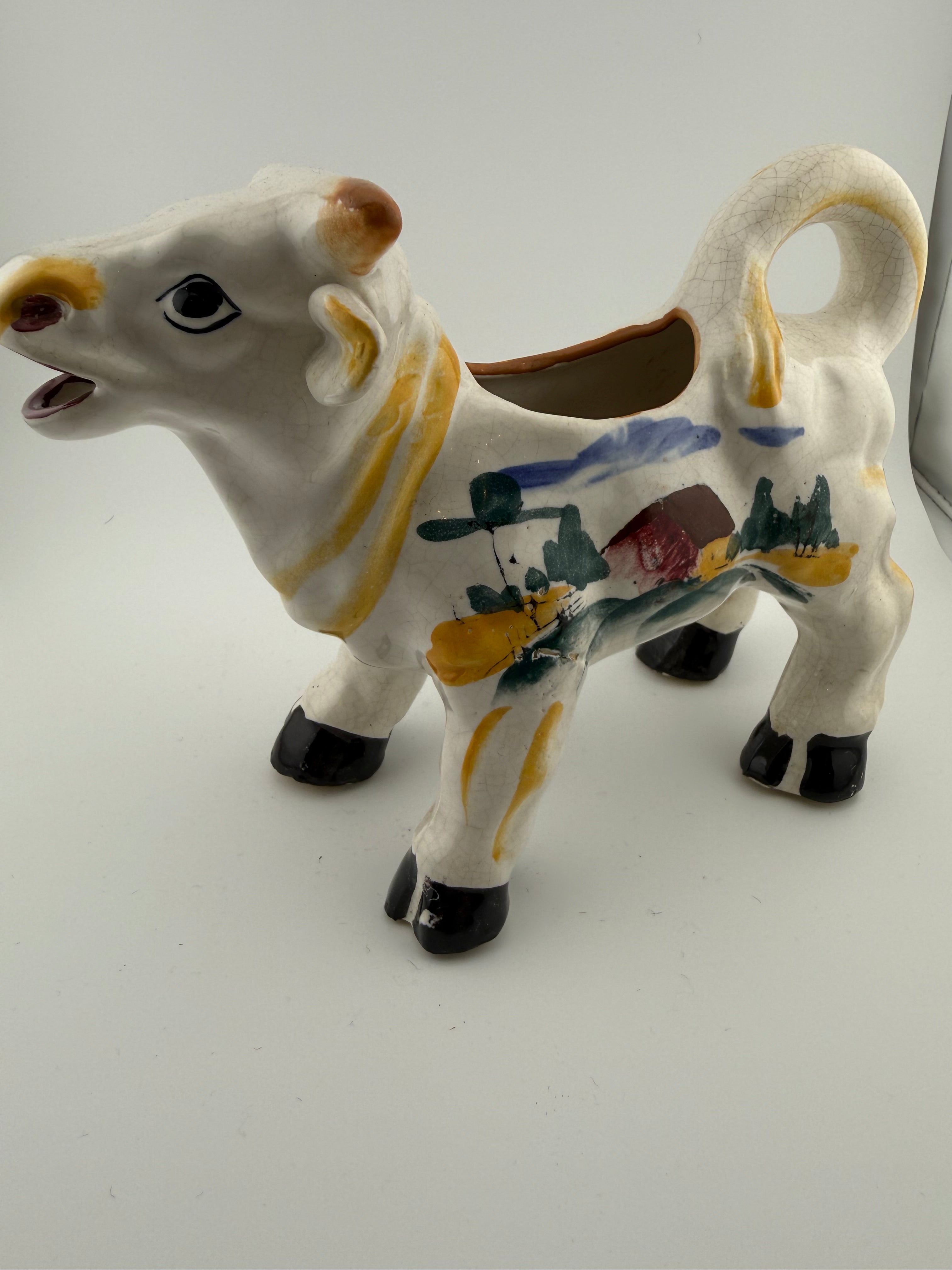 Vintage Hand-Painted Ceramic Cow Creamer with Folk Art Farmhouse Scene - 8" Open Back Figure