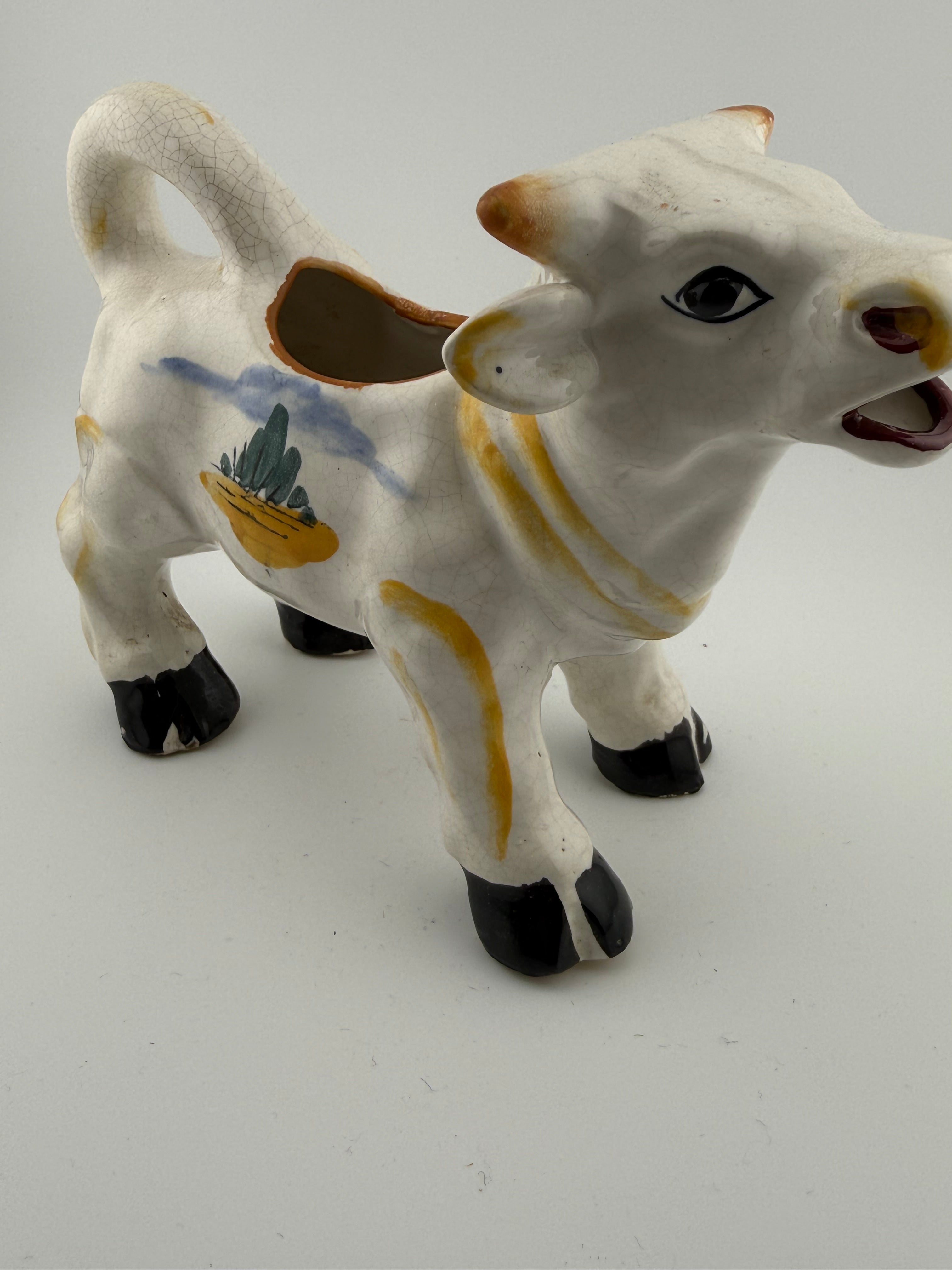 Vintage Hand-Painted Ceramic Cow Creamer with Folk Art Farmhouse Scene - 8" Open Back Figure