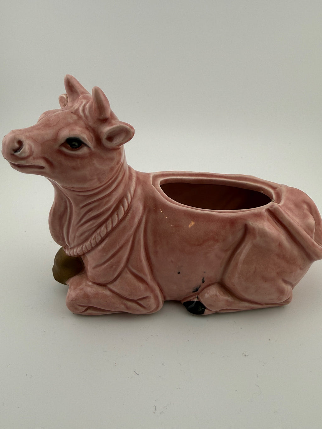 Vintage Pink Ceramic Recumbent Cow Planter / Sugar Bowl - 6" Unmarked Mid-Century American Pottery