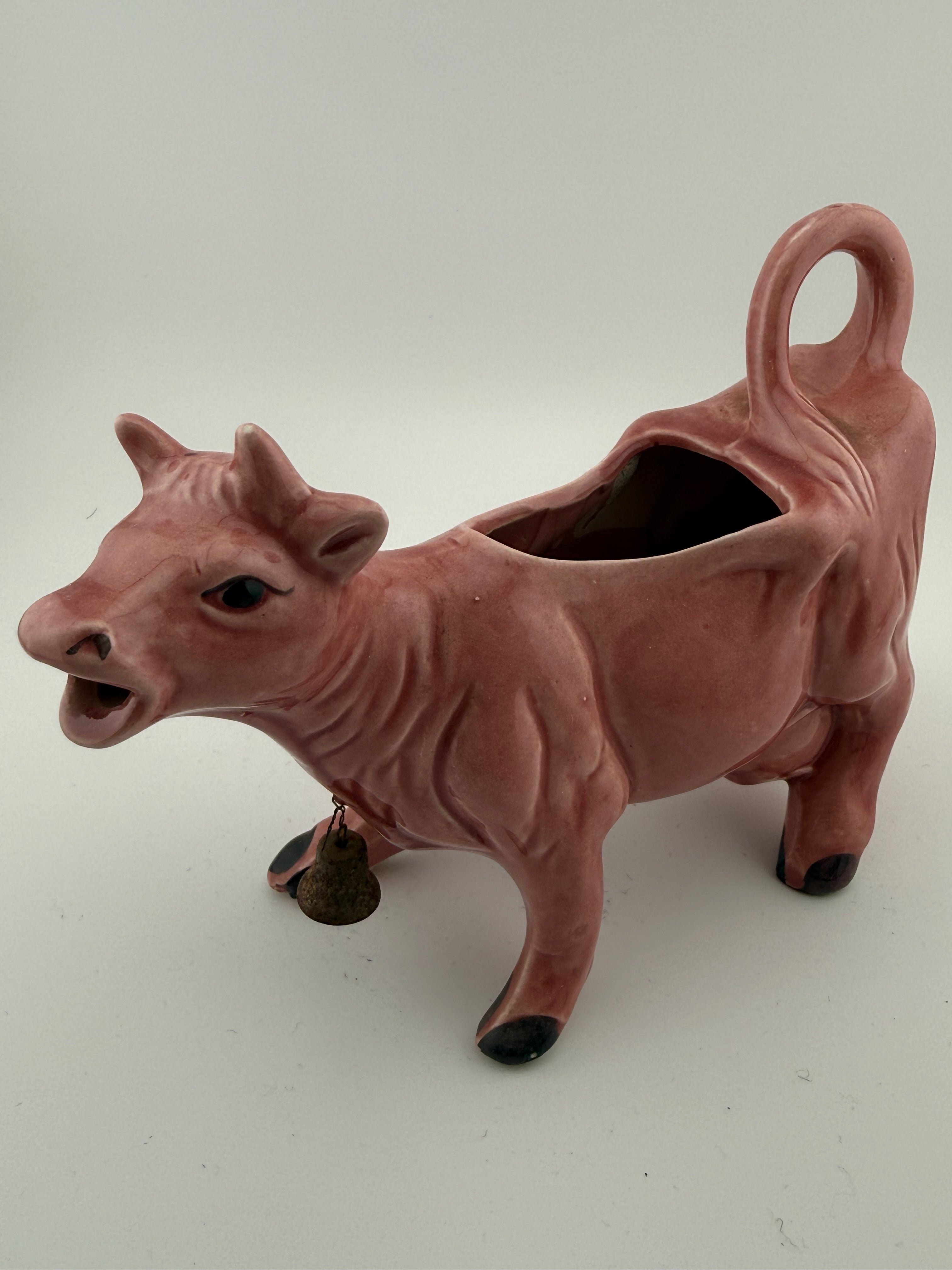 Vintage Pink Ceramic Cow Creamer and Planter with Brass Bell - Open Back Figural