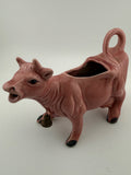 Vintage Pink Ceramic Cow Creamer and Planter with Brass Bell - Open Back Figural