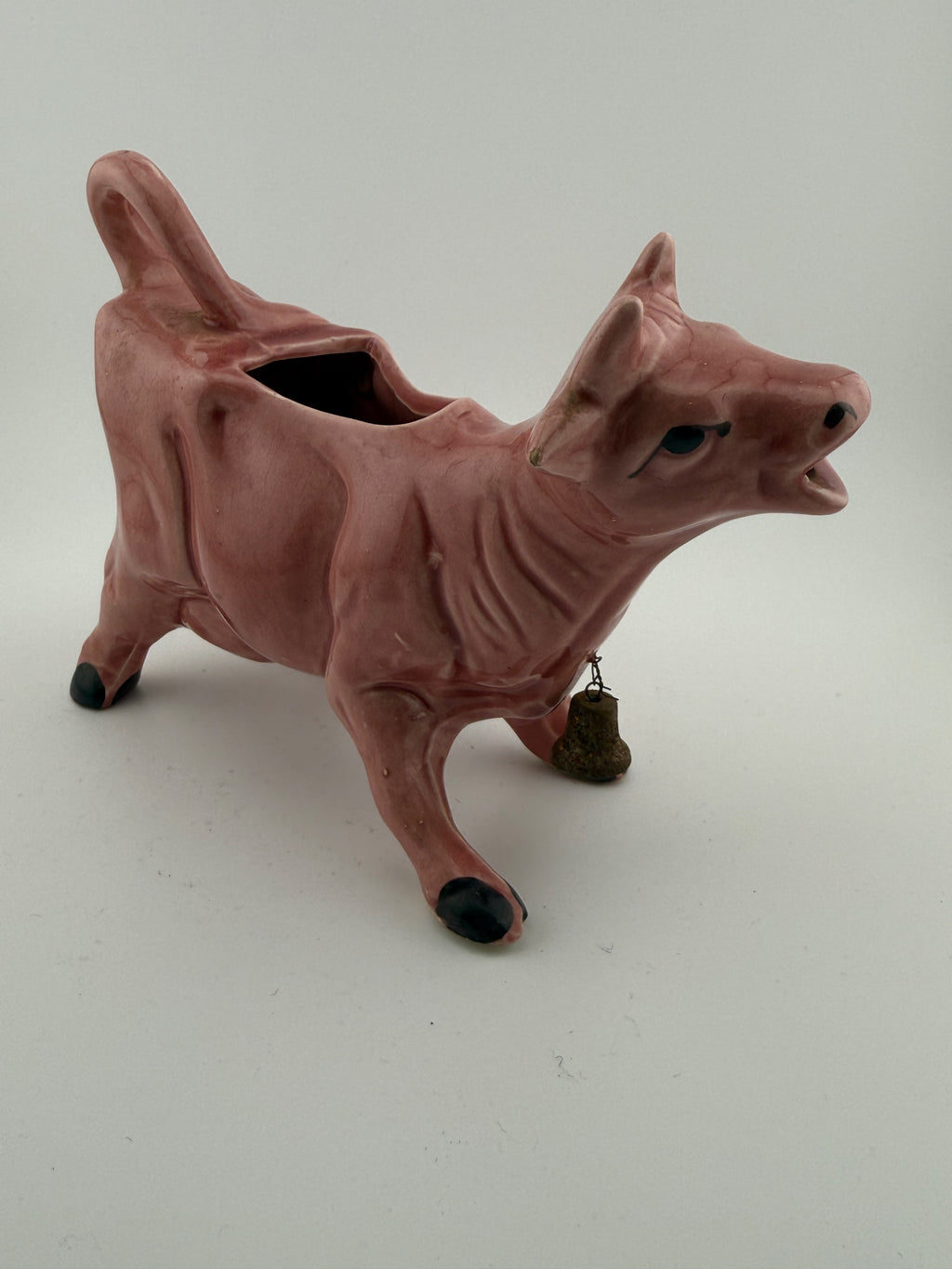 Vintage Pink Ceramic Cow Creamer and Planter with Brass Bell - Open Back Figural