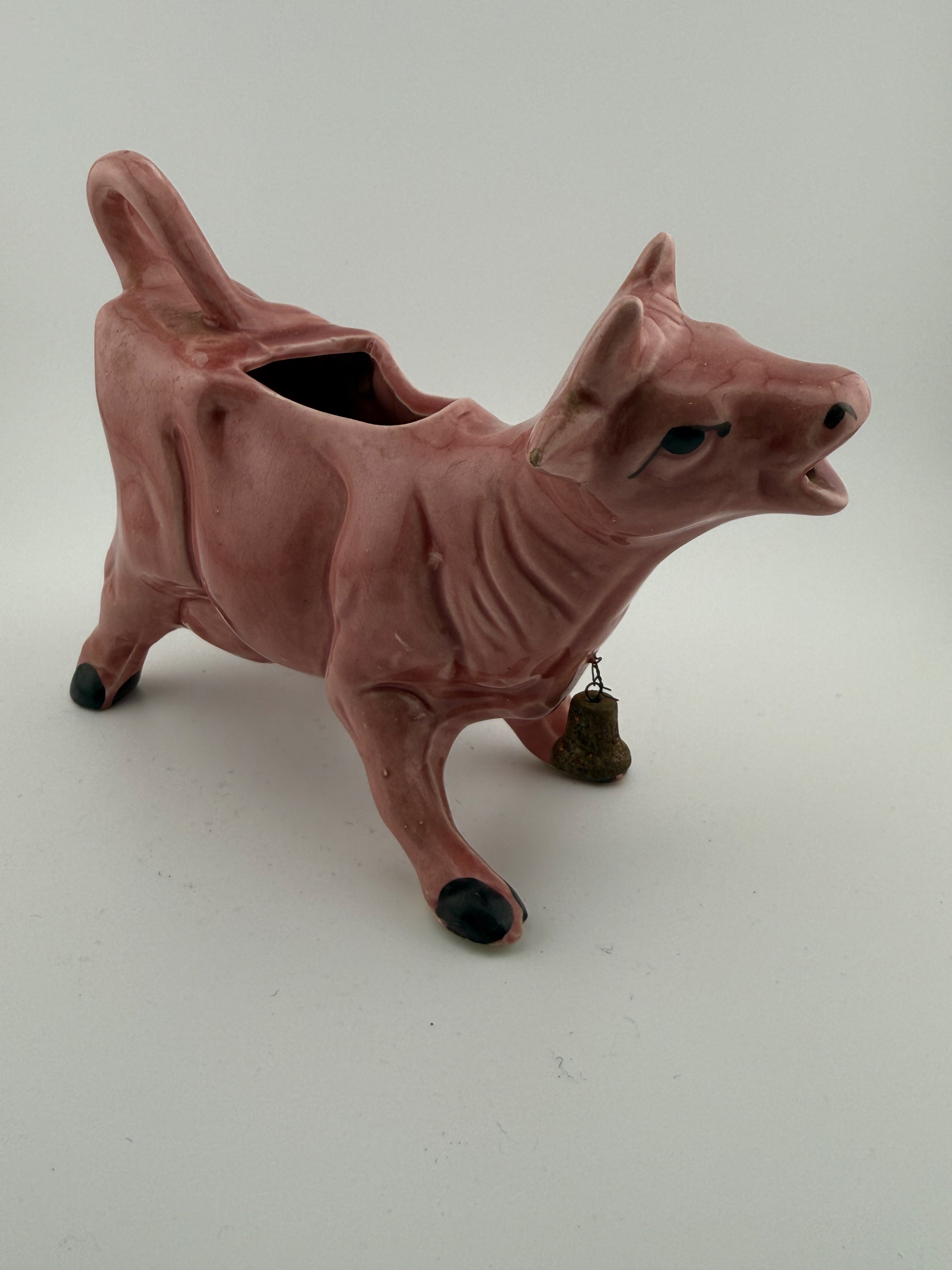 Vintage Pink Ceramic Cow Creamer and Planter with Brass Bell - Open Back Figural