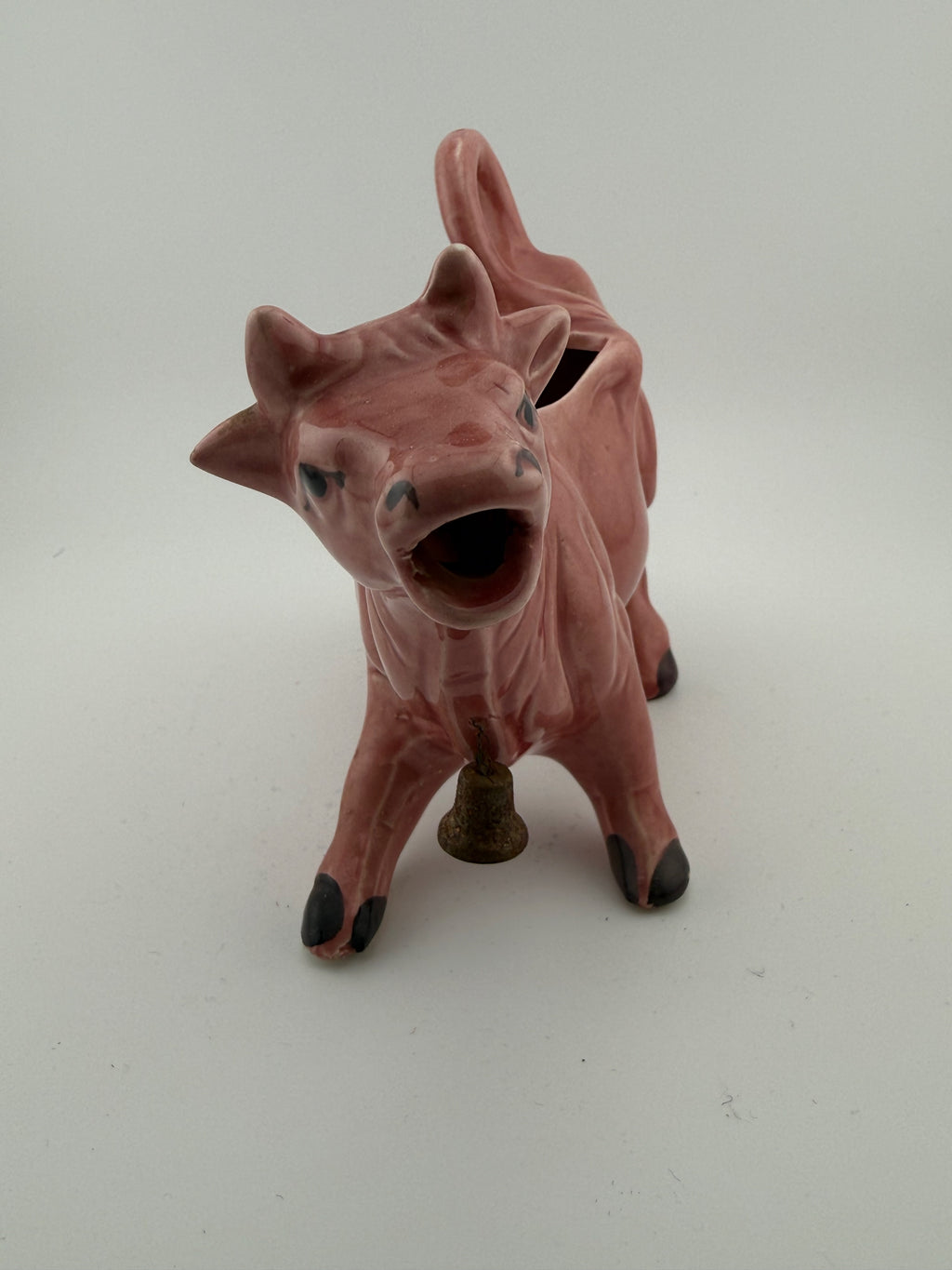 Vintage Pink Ceramic Cow Creamer and Planter with Brass Bell - Open Back Figural