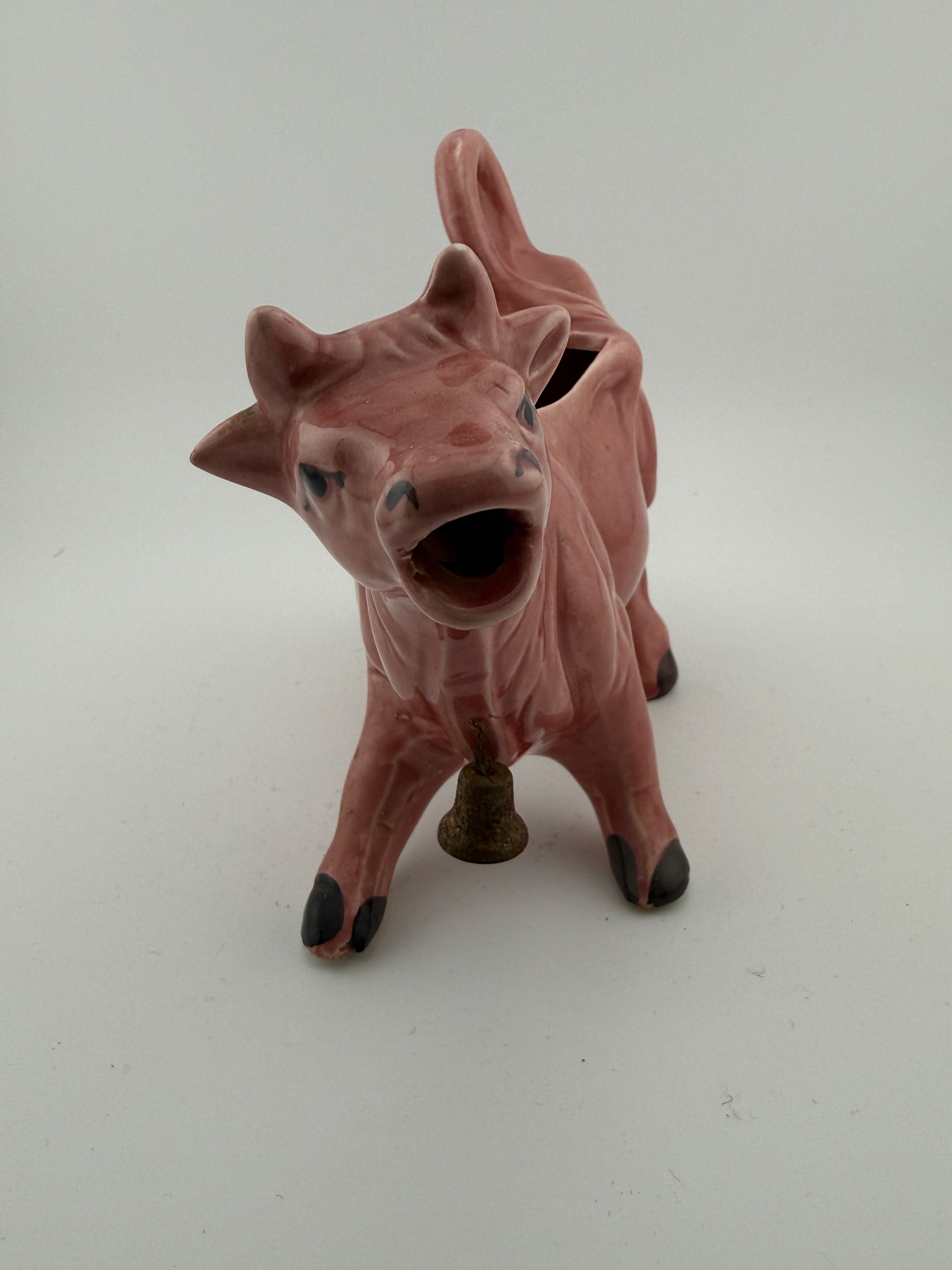 Vintage Pink Ceramic Cow Creamer and Planter with Brass Bell - Open Back Figural