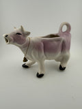 Vintage Lavender and White Ceramic Cow Creamer with Brass Bell - 6" Open Back Figural