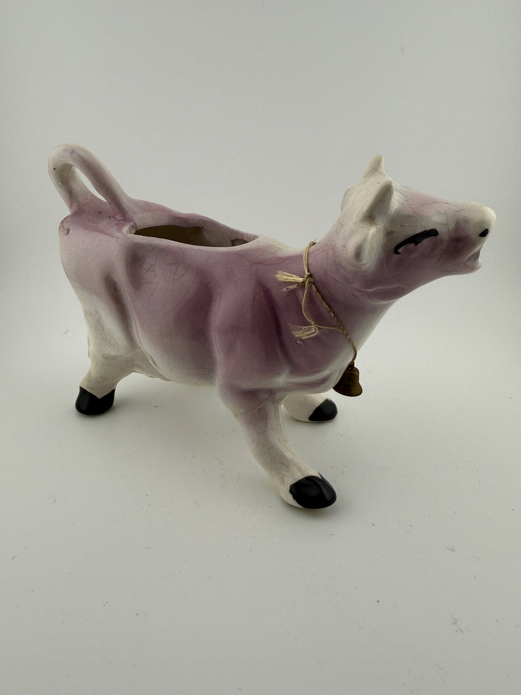 Vintage Lavender and White Ceramic Cow Creamer with Brass Bell - 6" Open Back Figural