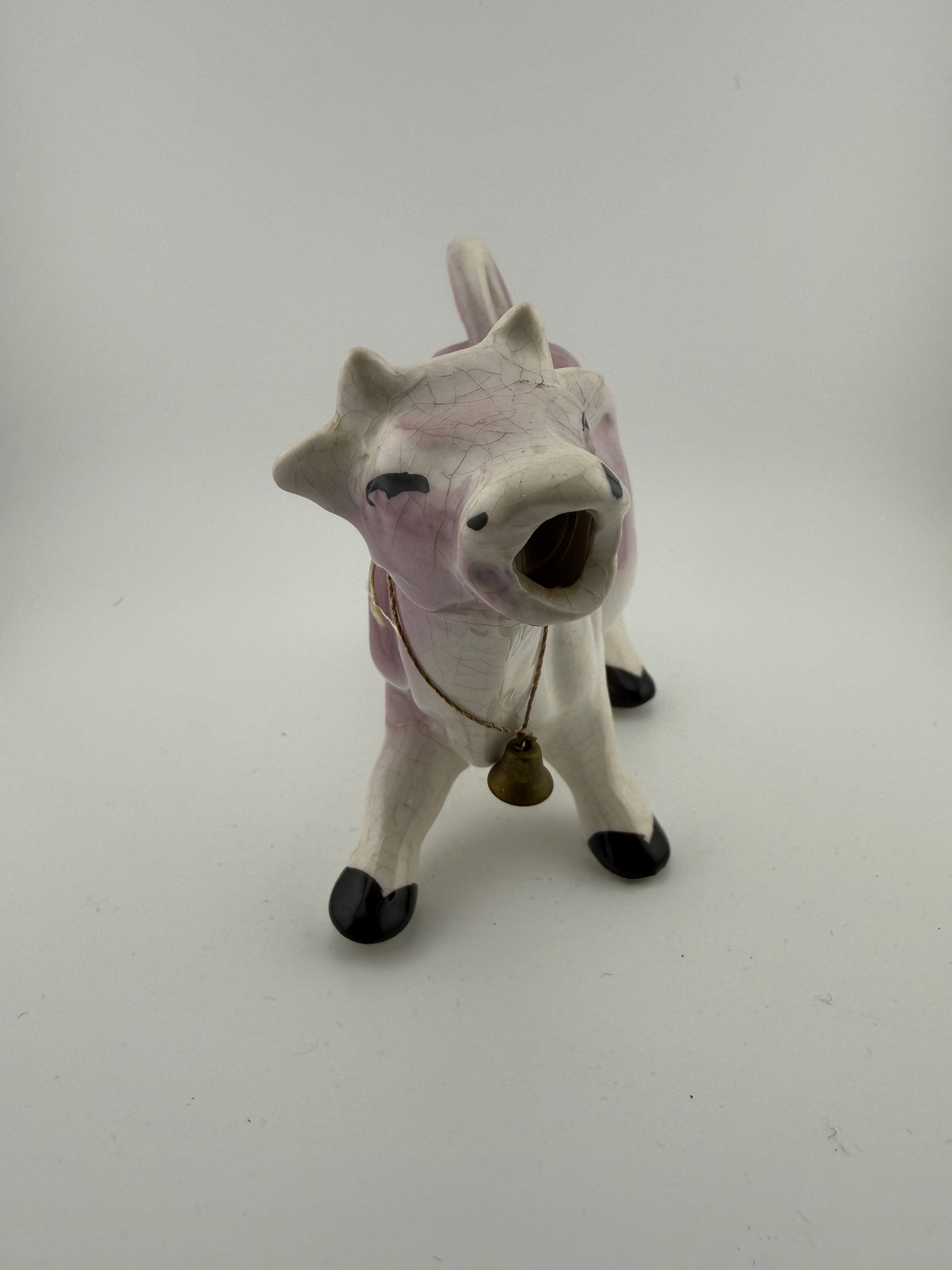 Vintage Lavender and White Ceramic Cow Creamer with Brass Bell - 6" Open Back Figural