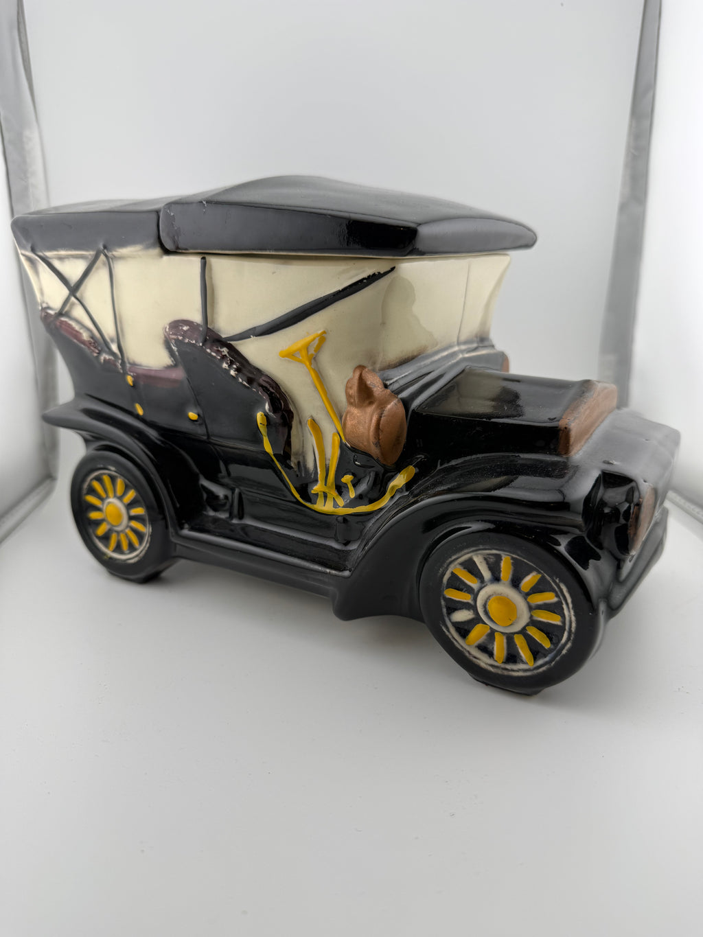Vintage Ceramic McCoy Antique Automobile Cookie Jar Canister - Black Model T Style Car with Yellow Spoke Wheels