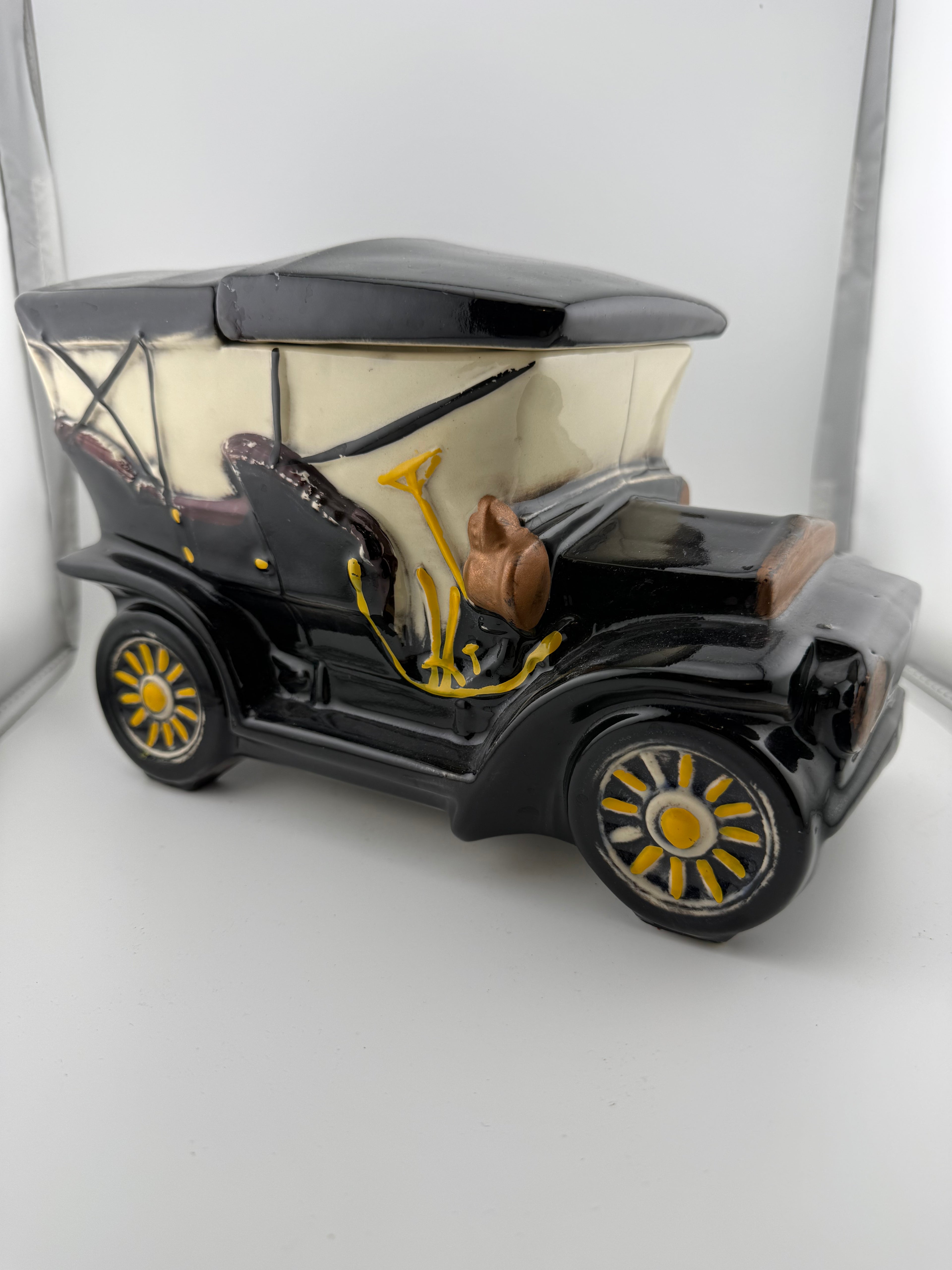 Vintage Ceramic McCoy Antique Automobile Cookie Jar Canister - Black Model T Style Car with Yellow Spoke Wheels