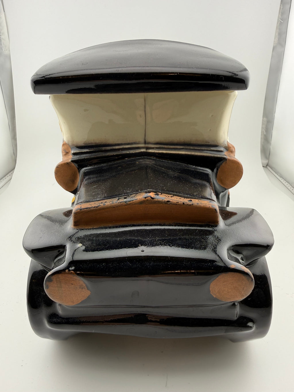 Vintage Ceramic McCoy Antique Automobile Cookie Jar Canister - Black Model T Style Car with Yellow Spoke Wheels
