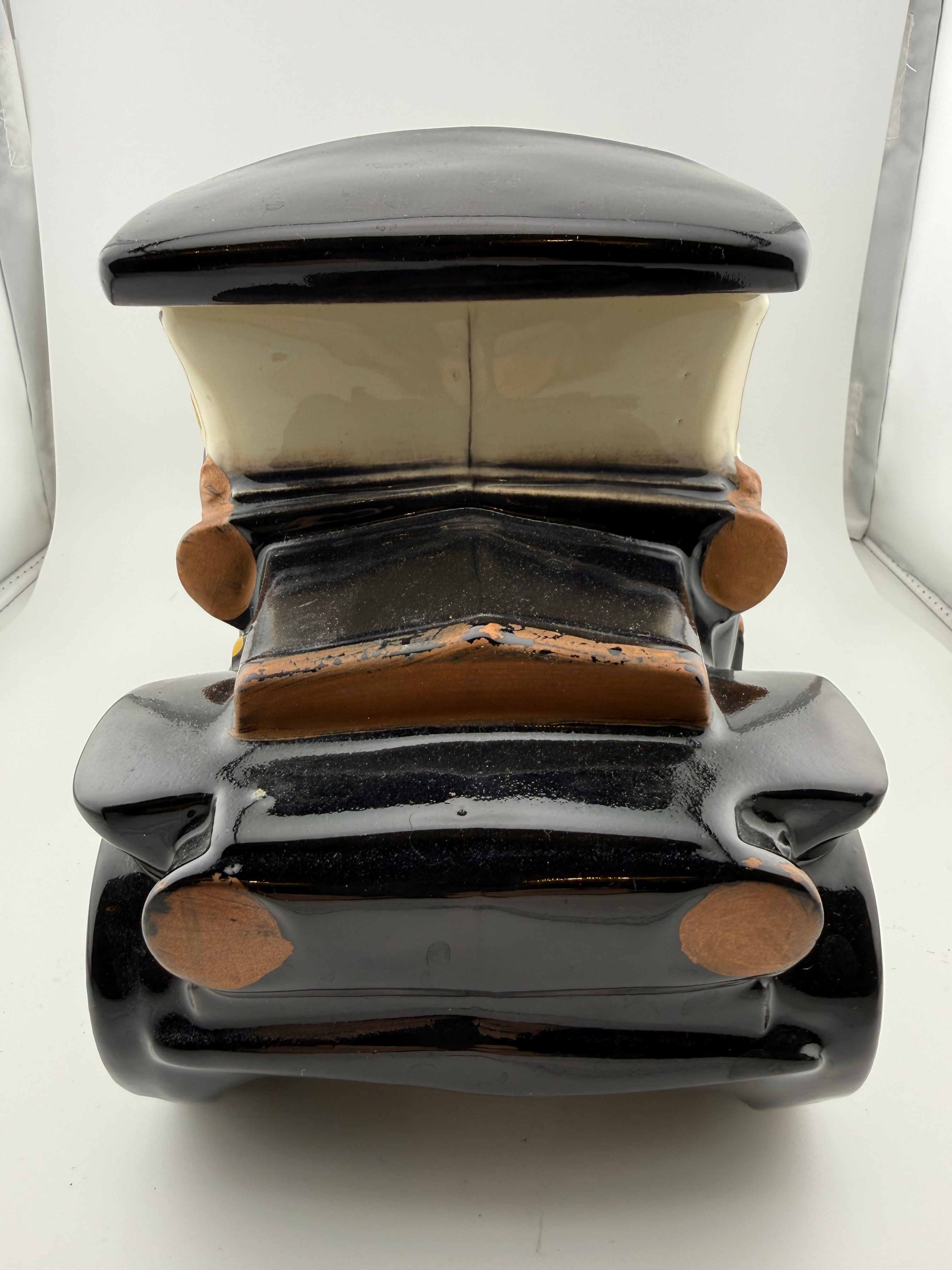 Vintage Ceramic McCoy Antique Automobile Cookie Jar Canister - Black Model T Style Car with Yellow Spoke Wheels