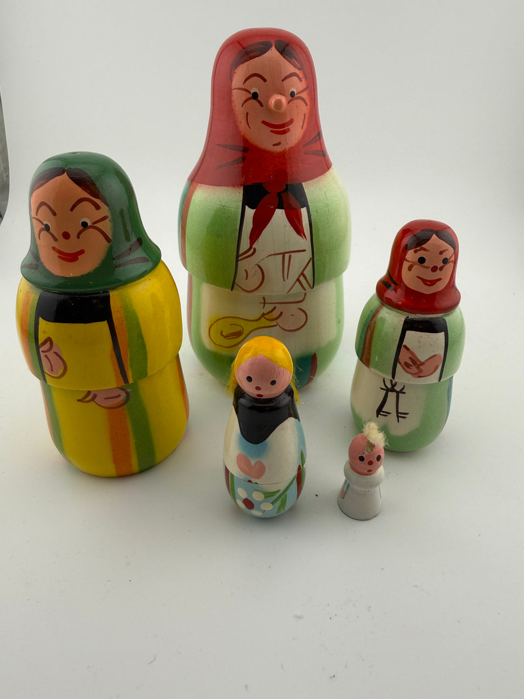 Vintage Russian Matryoshka Nesting Doll Set of 5 with Expressive Folk Character Faces and Striped Costumes