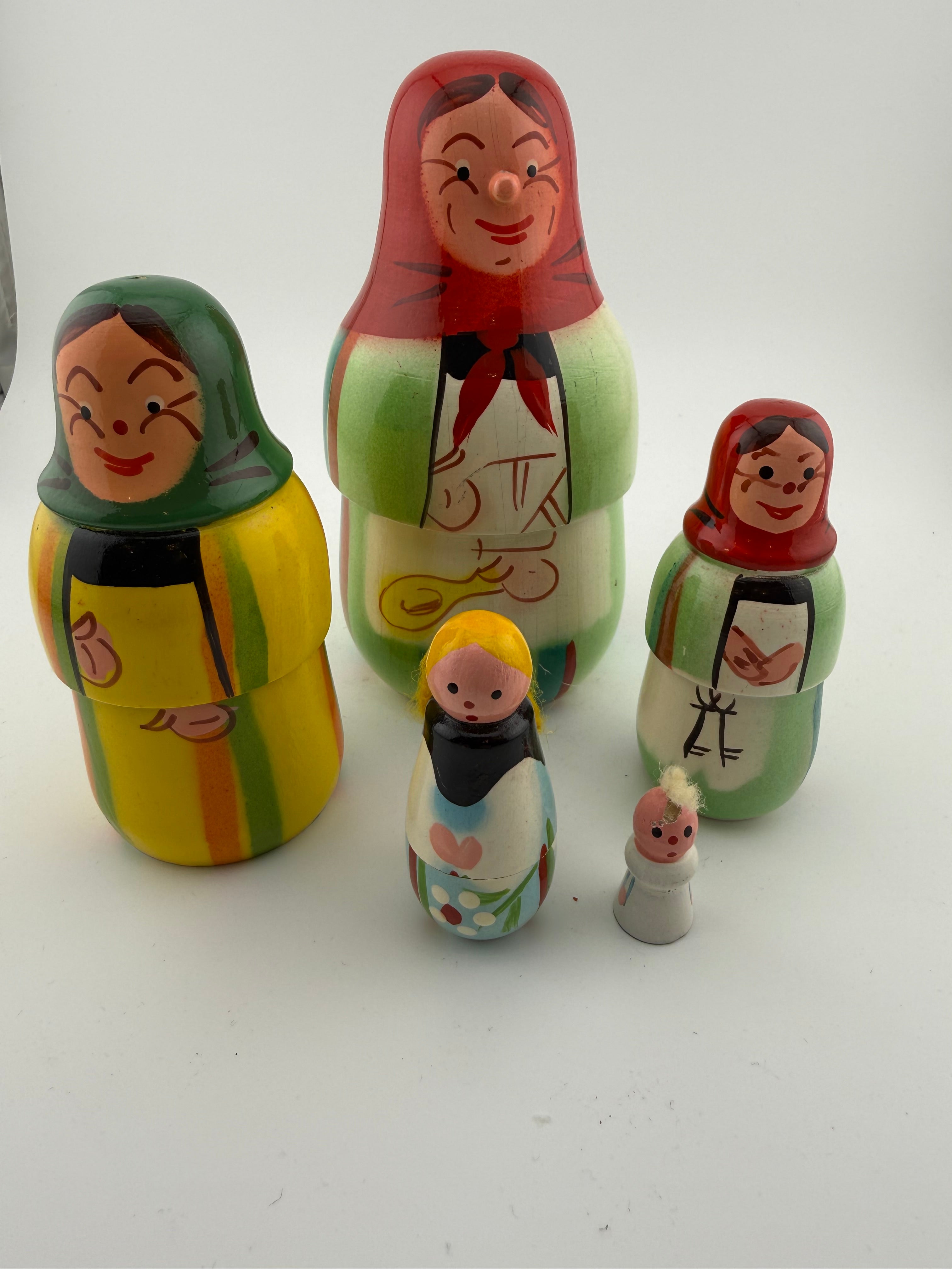 Vintage Russian Matryoshka Nesting Doll Set of 5 with Expressive Folk Character Faces and Striped Costumes