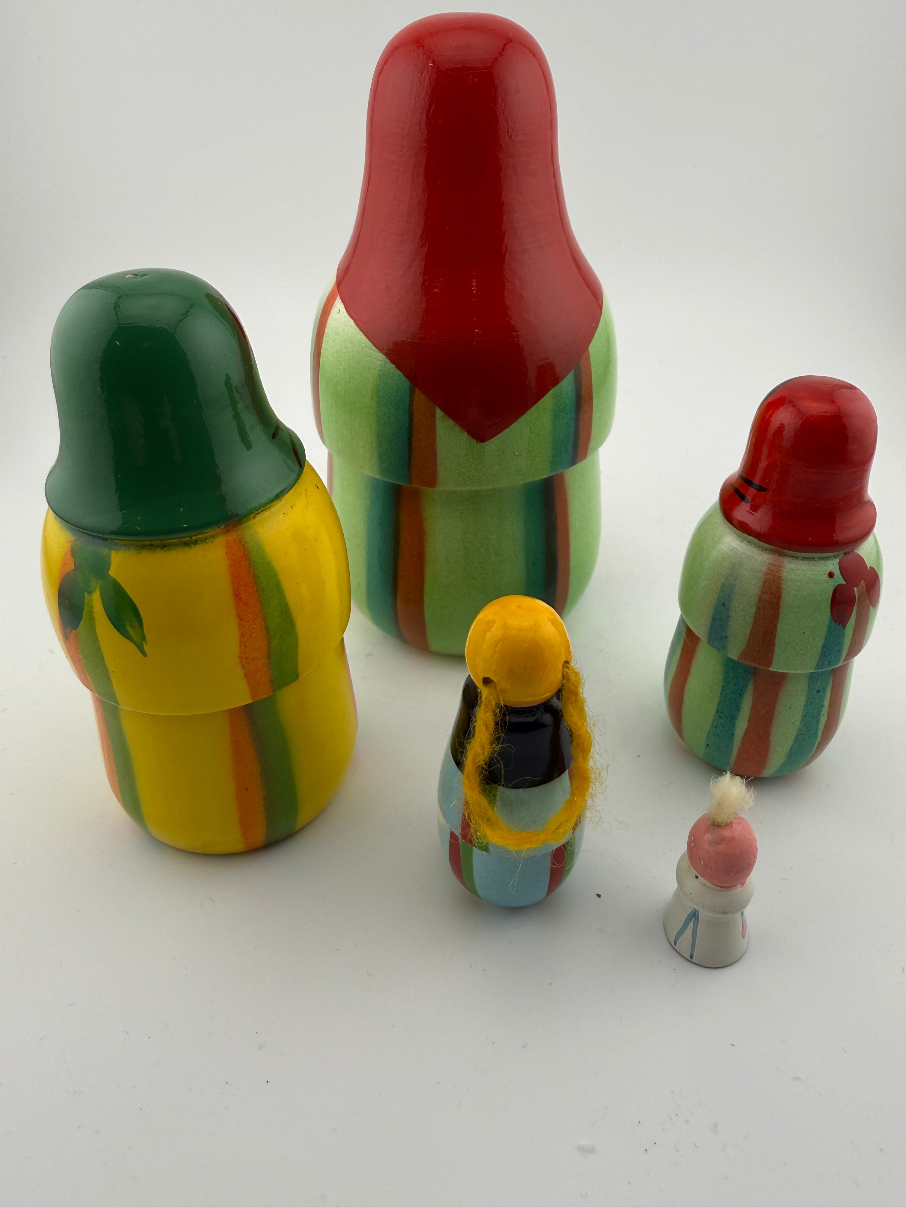 Vintage Russian Matryoshka Nesting Doll Set of 5 with Expressive Folk Character Faces and Striped Costumes