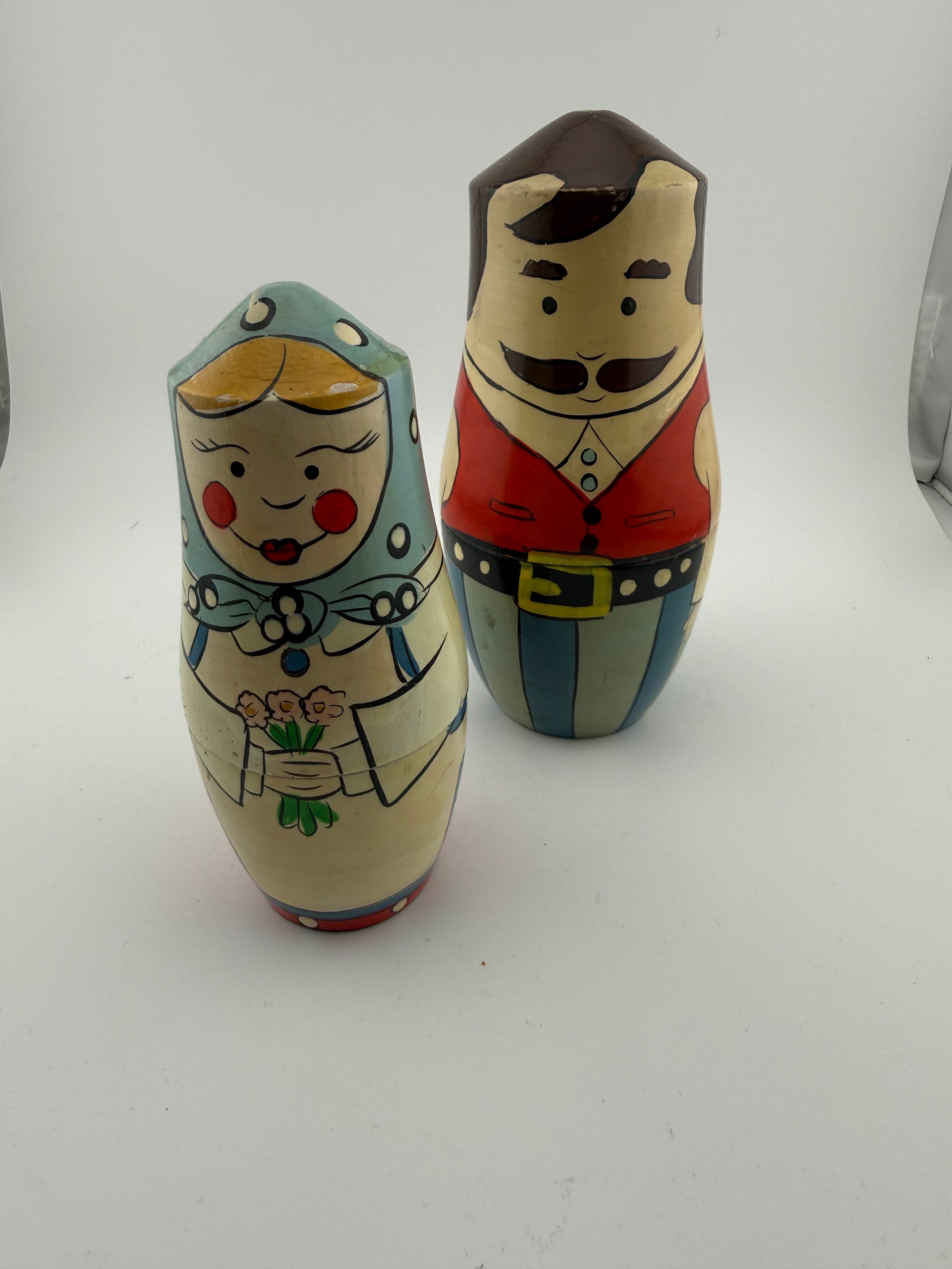 Vintage Russian Matryoshka Couple - Man with Mustache and Woman with Flowers, Bold Striped and Polka Dot Backs