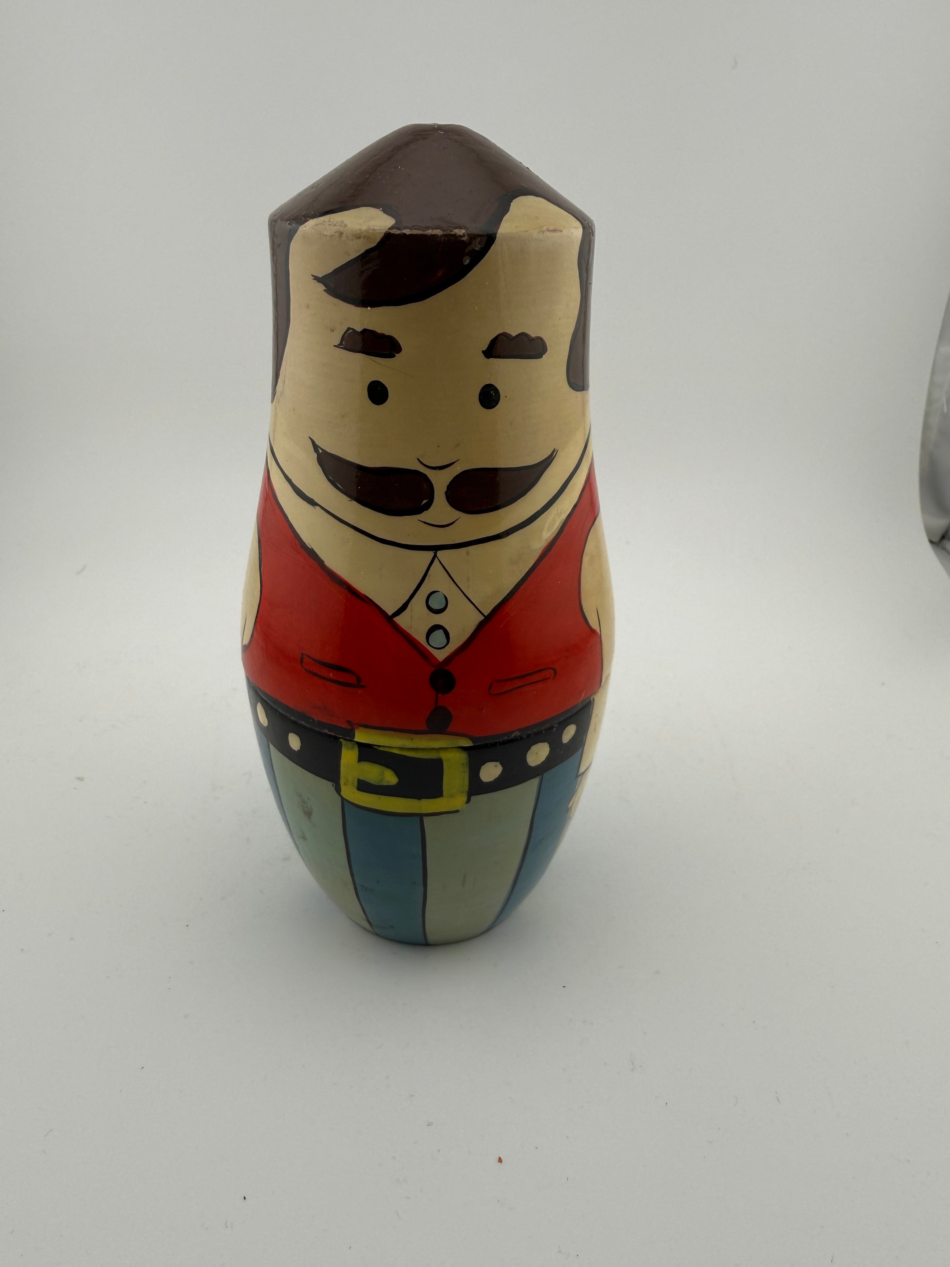 Vintage Russian Matryoshka Couple - Man with Mustache and Woman with Flowers, Bold Striped and Polka Dot Backs