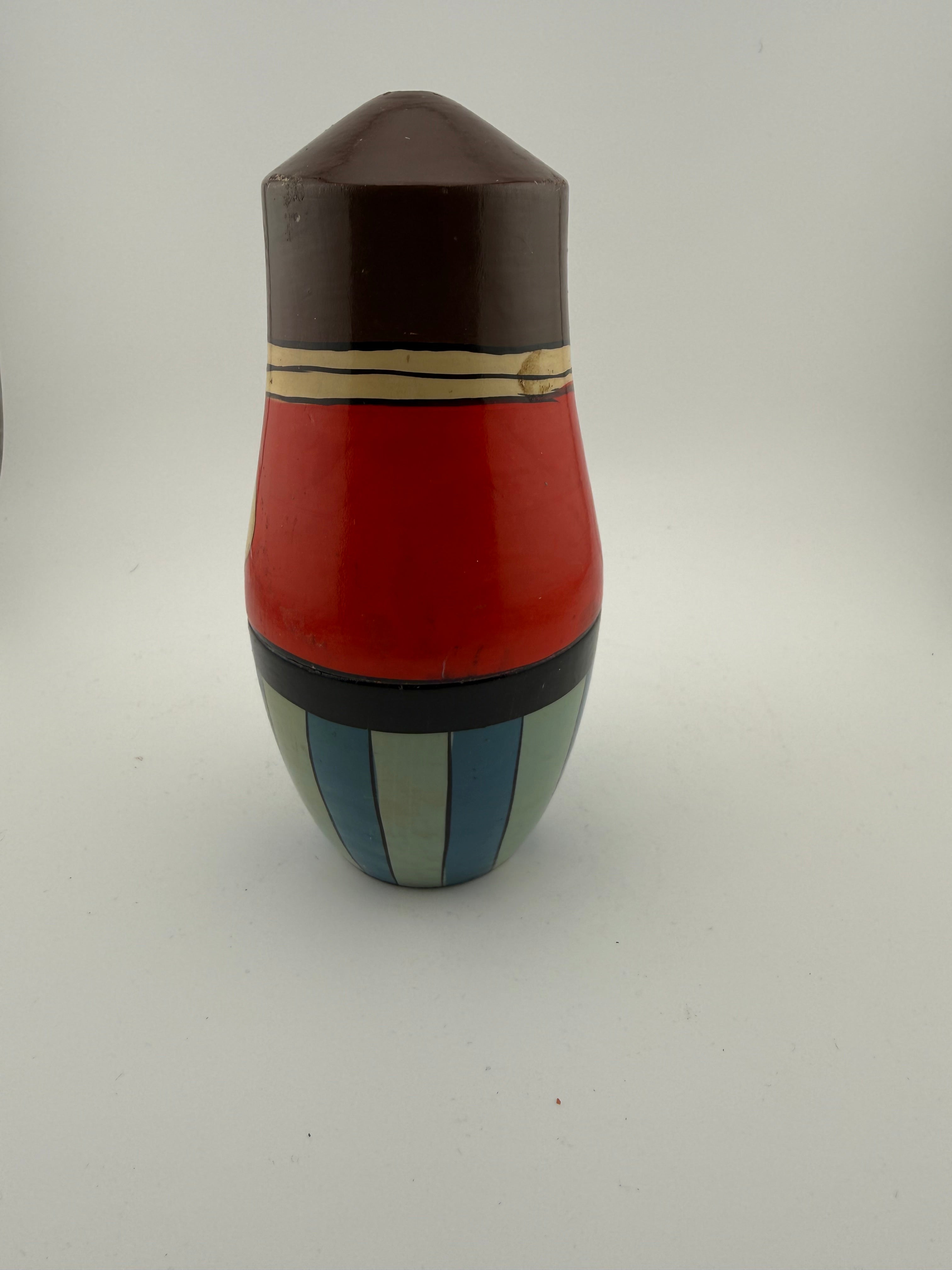 Vintage Russian Matryoshka Couple - Man with Mustache and Woman with Flowers, Bold Striped and Polka Dot Backs