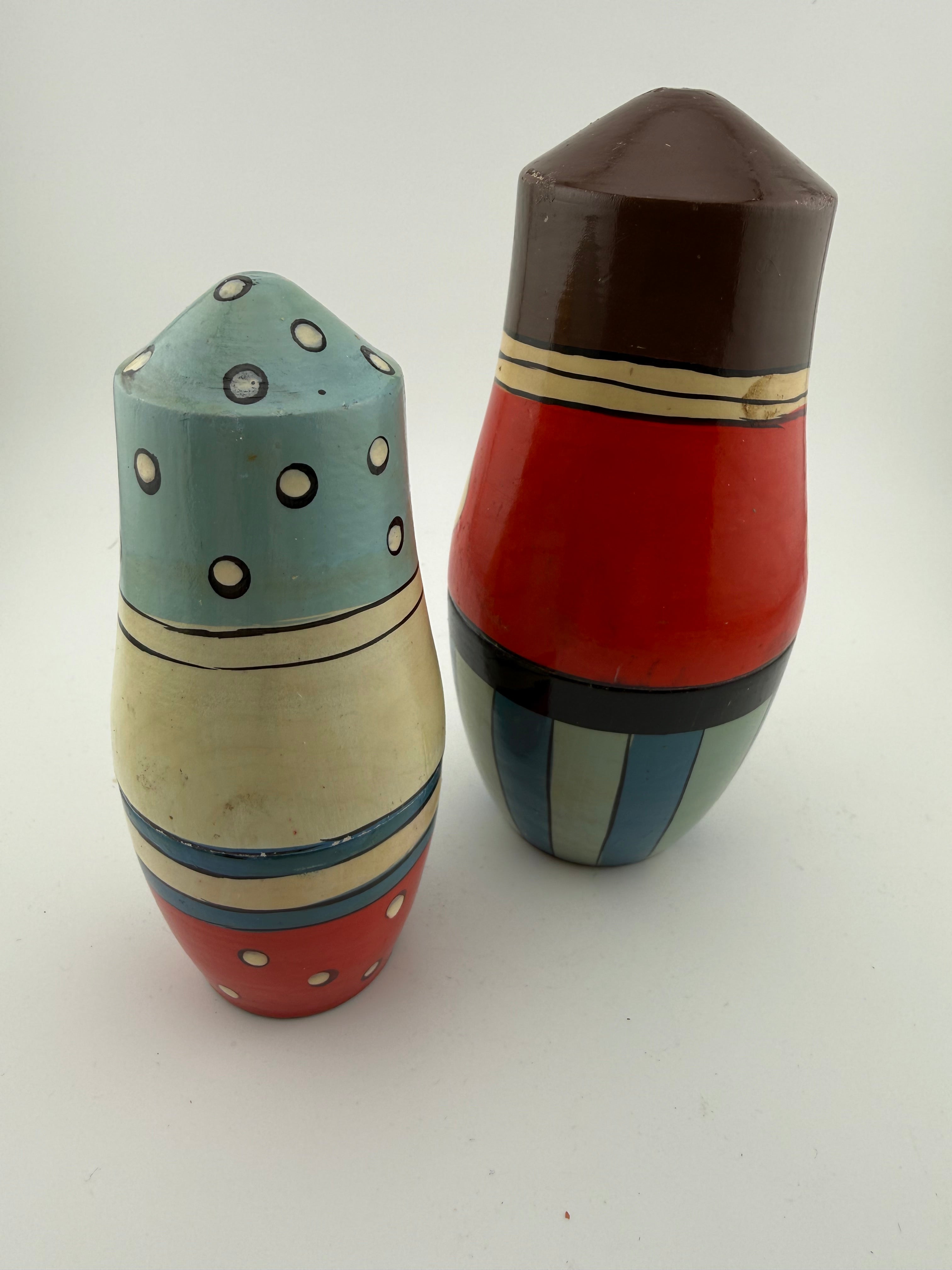 Vintage Russian Matryoshka Couple - Man with Mustache and Woman with Flowers, Bold Striped and Polka Dot Backs