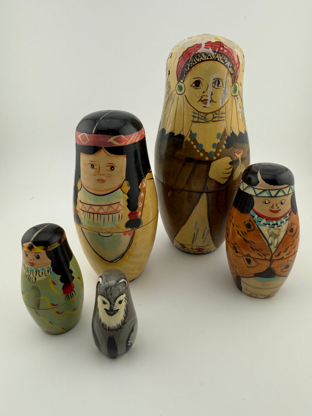 Vintage Native American Theme Nesting Doll Set of 5 - Hand-Painted Figures with Chief, Brave, Papoose and Owl