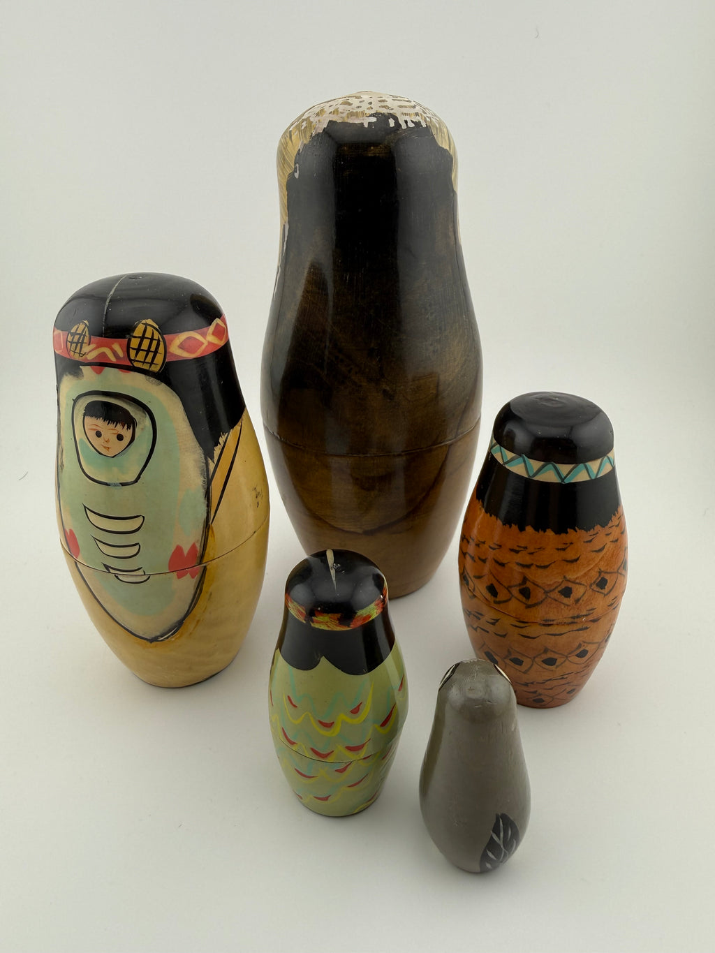 Vintage Native American Theme Nesting Doll Set of 5 - Hand-Painted Figures with Chief, Brave, Papoose and Owl