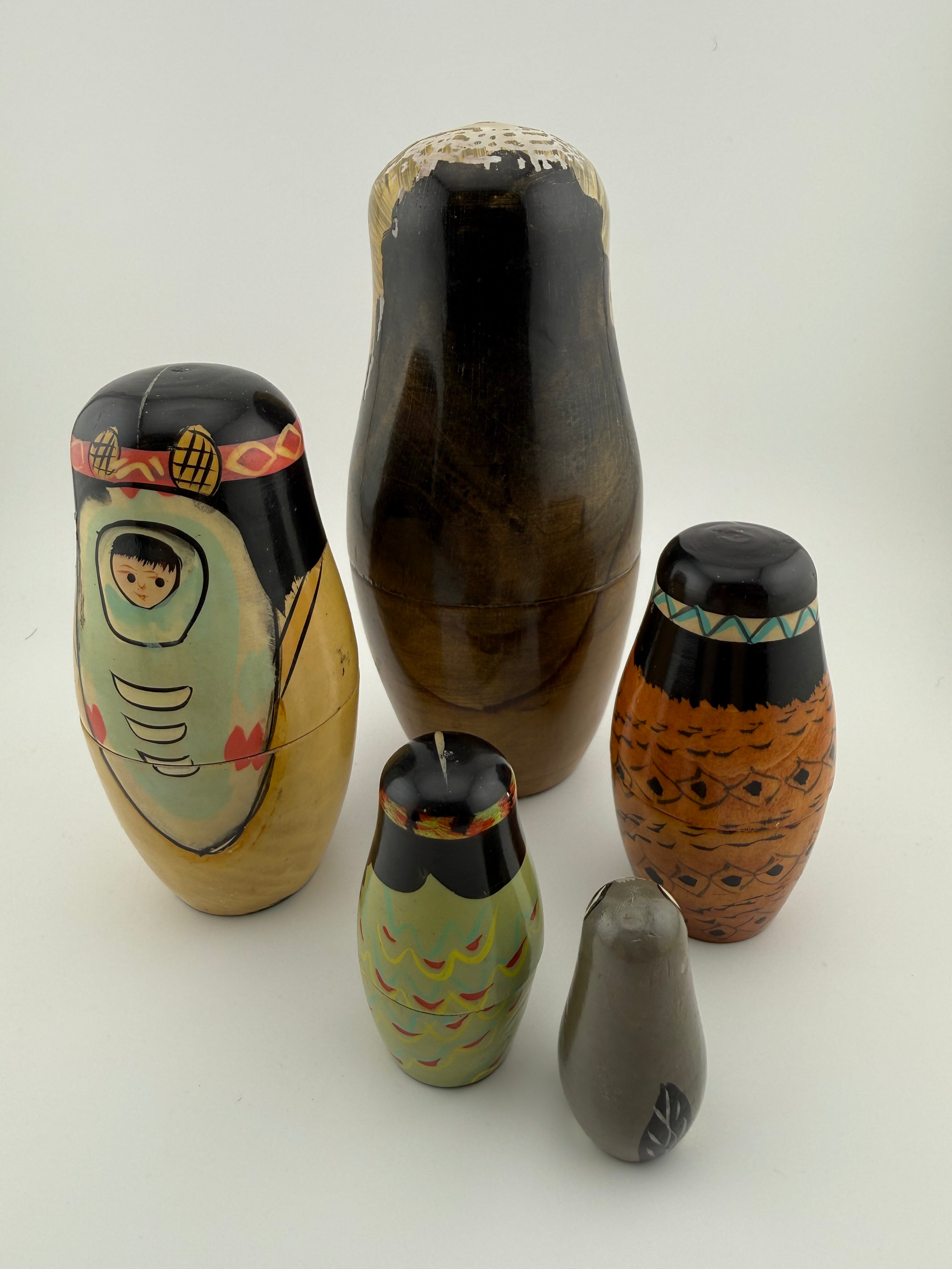 Vintage Native American Theme Nesting Doll Set of 5 - Hand-Painted Figures with Chief, Brave, Papoose and Owl