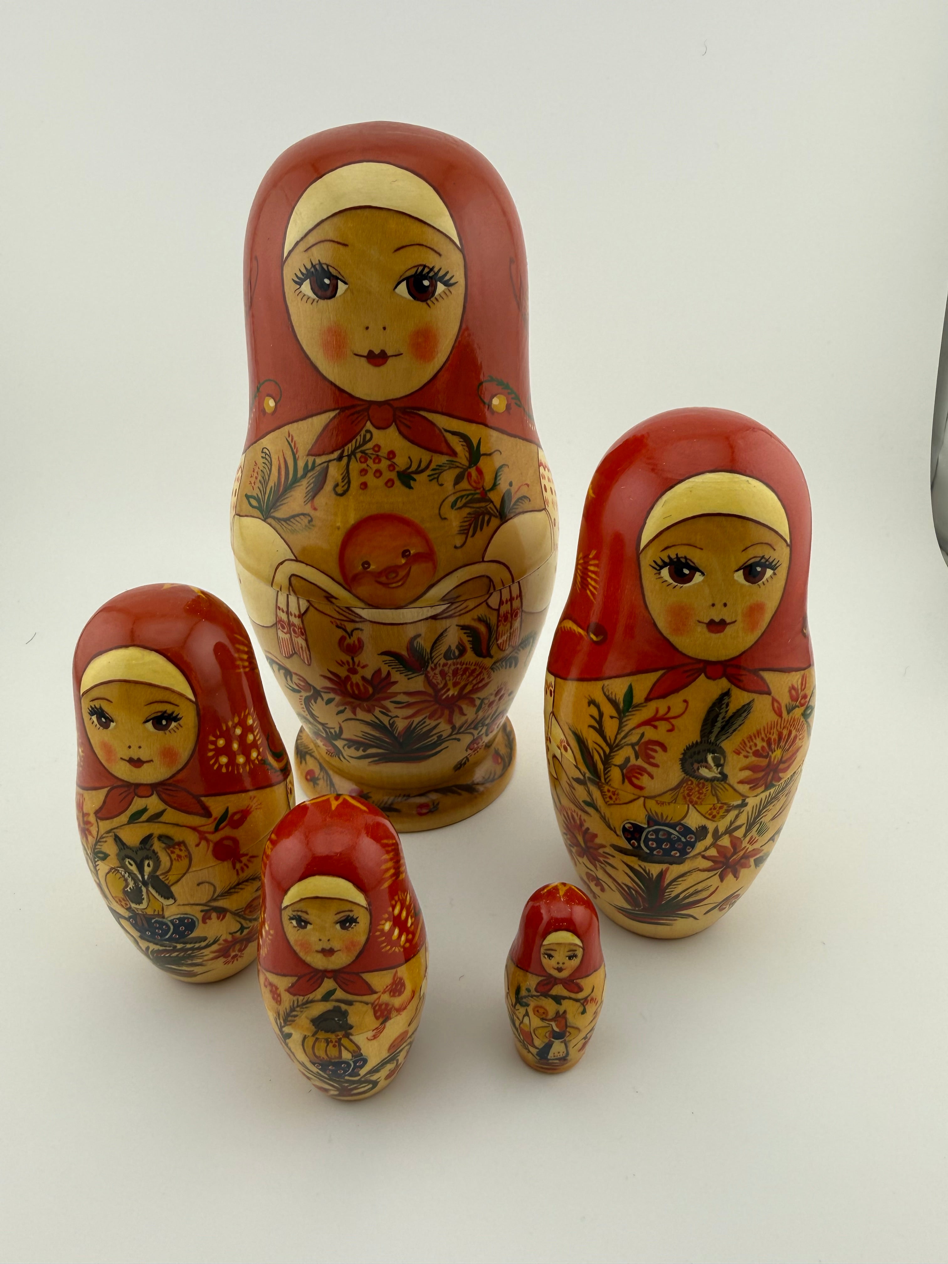 Vintage Russian Hand-Painted Matryoshka Nesting Dolls Set of 5 with Khokhloma Folk Art Decoration